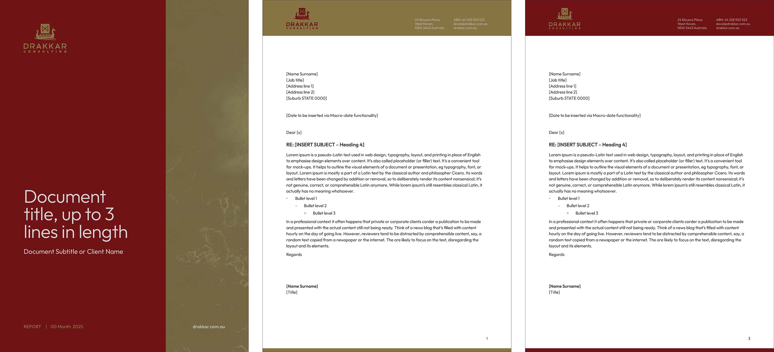 Three Word designs. First one is the cover of the long report with maroon down two thirds of document vertically, then gold on the remaining vertical third. The other two are letterhead designs, one with a gold bar at the top, the other with maroon.