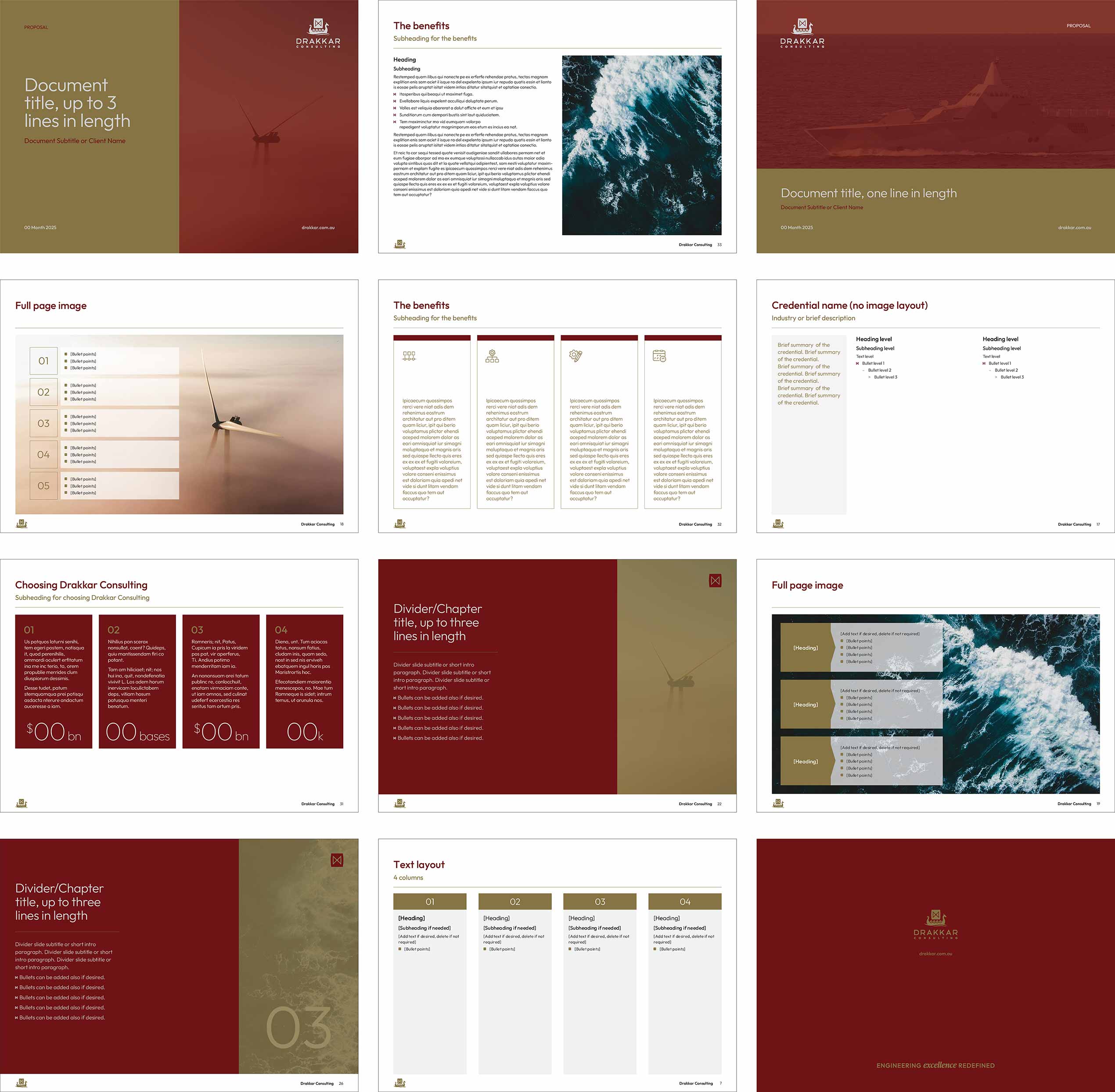 Using the gold and maroon brand colours, a variety of PowerPoint layouts are displayed to showcase the beauty of the templates.
