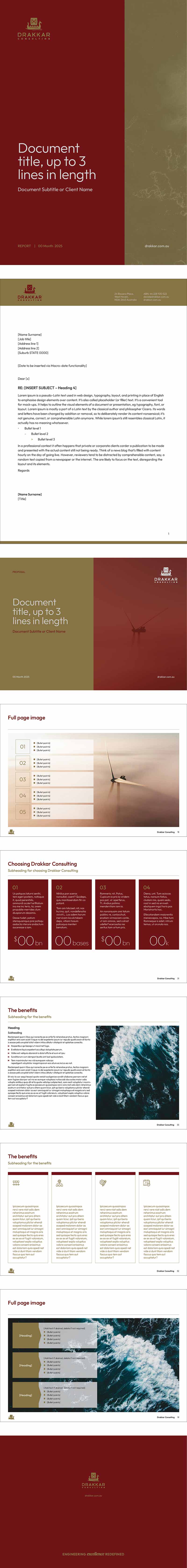 Using the gold and maroon brand colours, a variety of PowerPoint layouts are displayed to showcase the beauty of the templates.