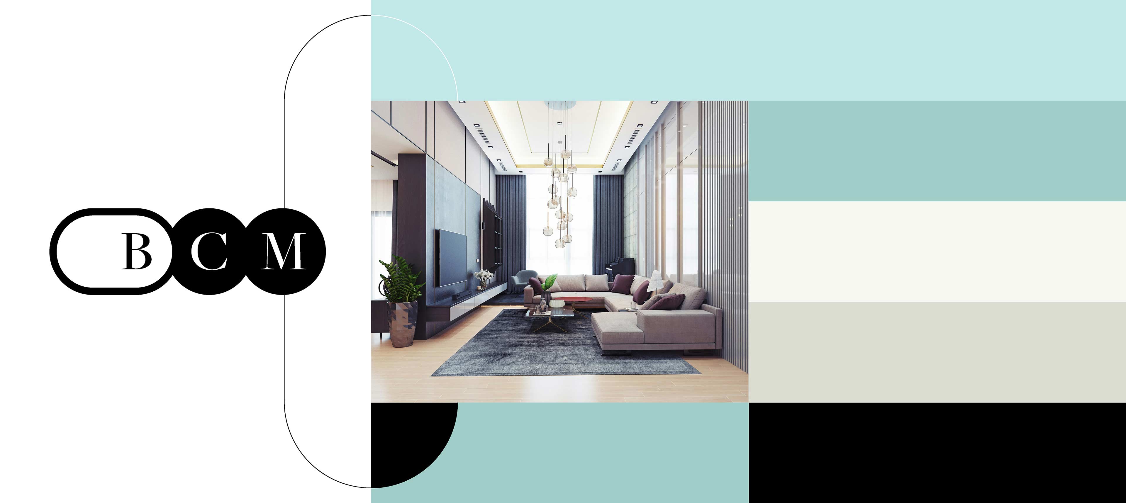 A wrap-up of the BCM branding. Logo centred vertically on the left, then an image of a luxury home in the middle third, then the colour palette on the right hand side.