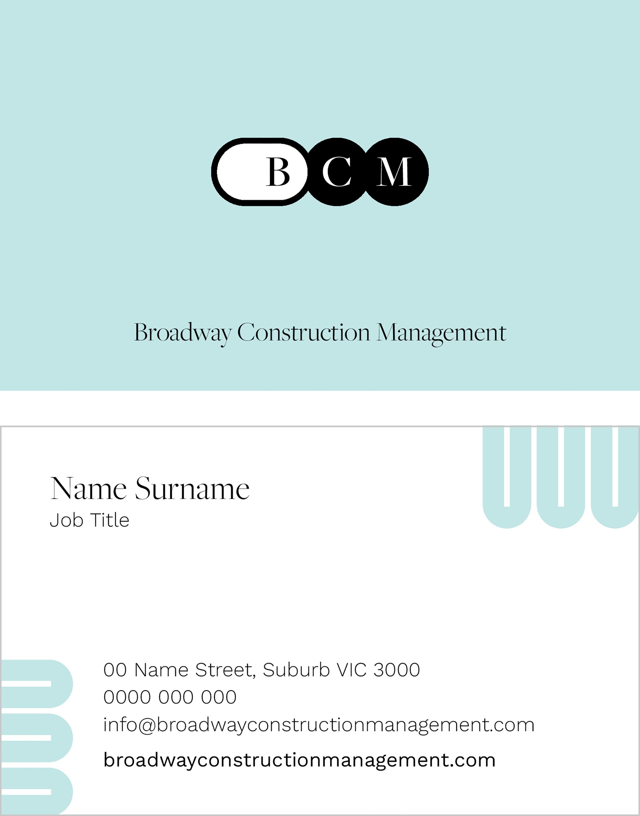 Light blue business card background at top with the BCM (Broadway Construction Management) logo. Below that is the back of the business card with name and contact details.