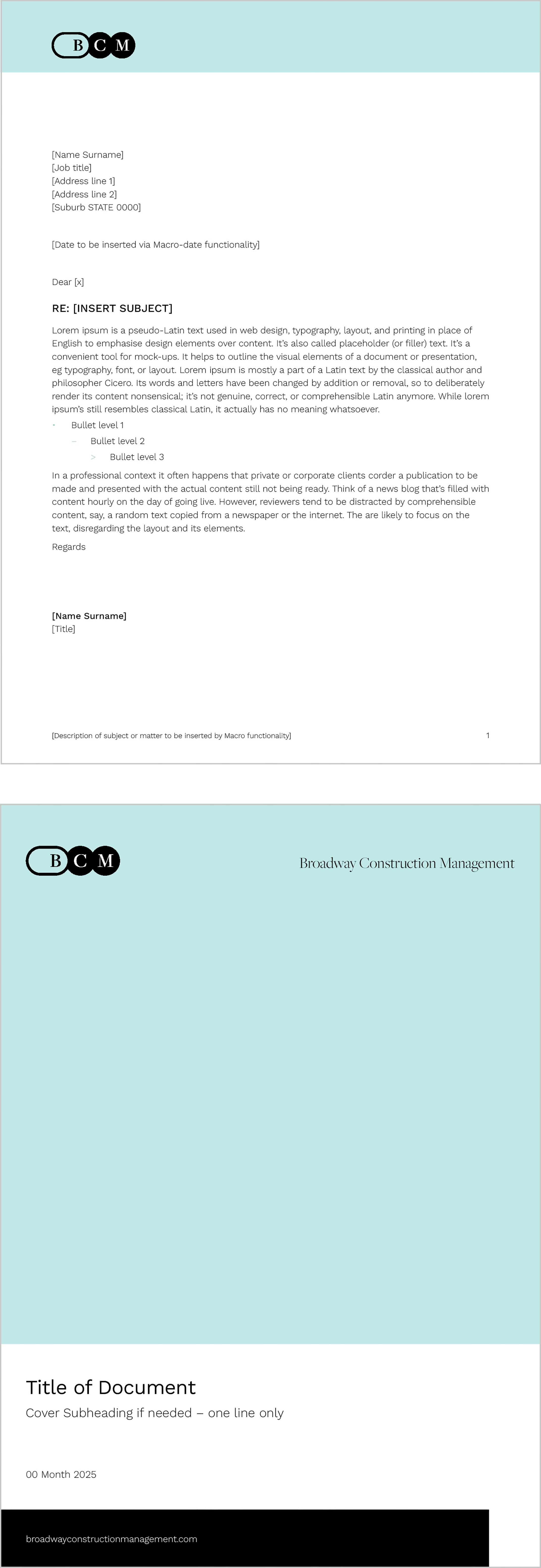 BCM Letterhead at top, with front cover of BCM long report at bottom.