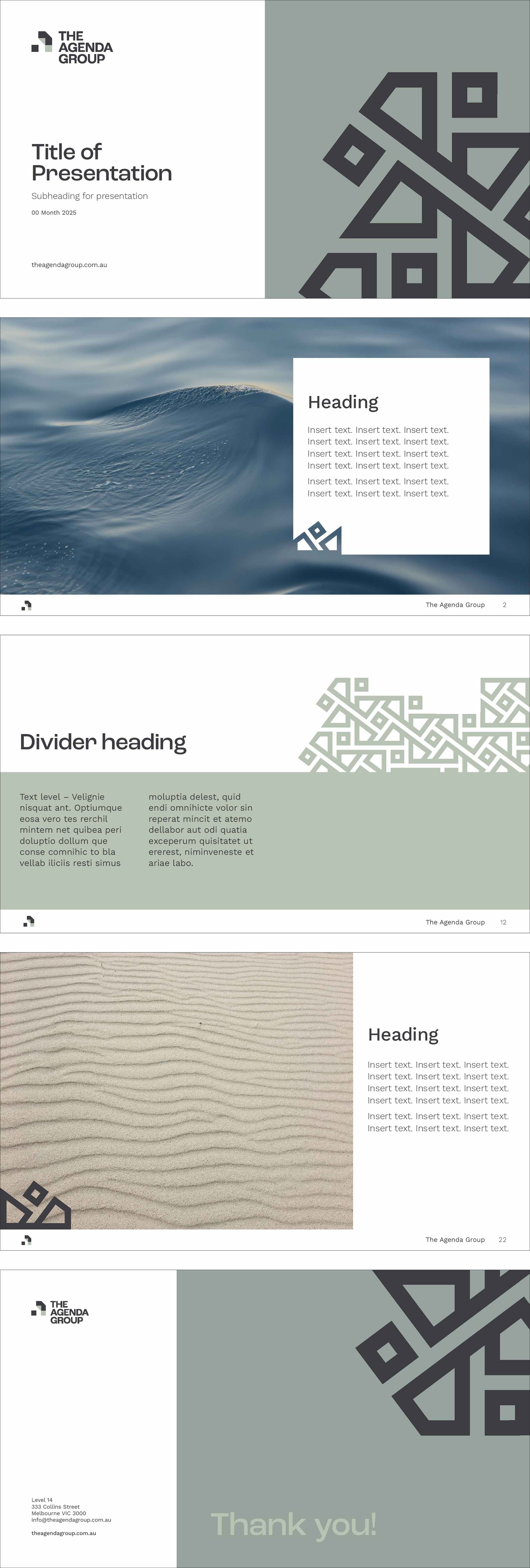 From top: The Agenda Group widescreen presentation front cover, image feature page, divider page, image feature page and back page.