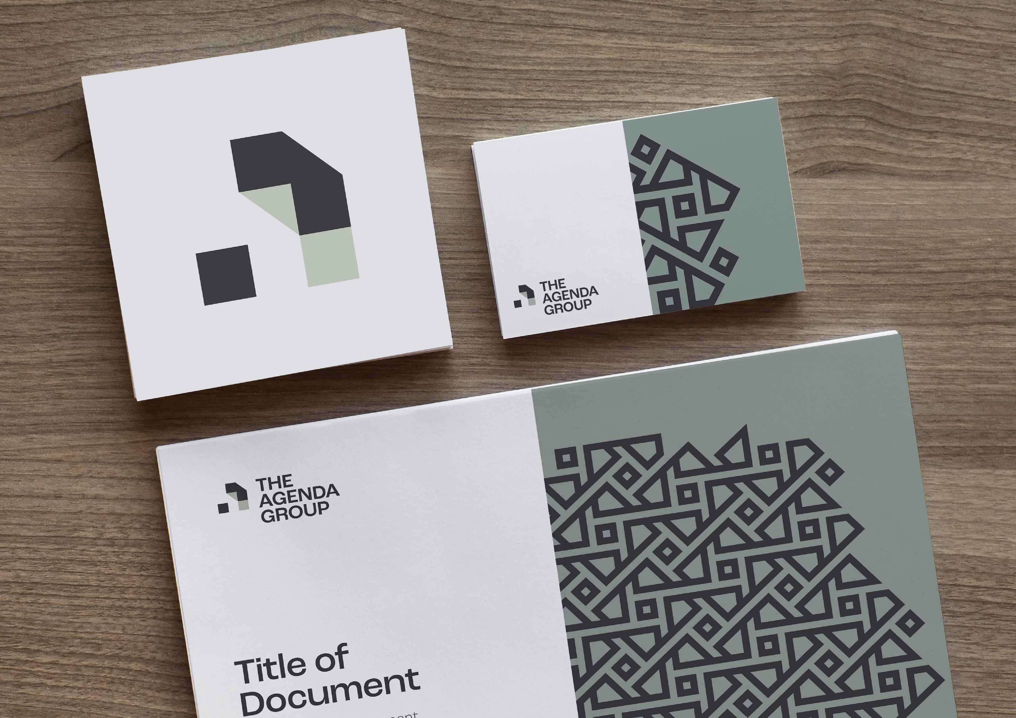 Green and Black branding on three separate brand pieces. 1. the cover page from the A4 PowerPoint templates, 2. the business cards at top right, and 3. a tile of the icon