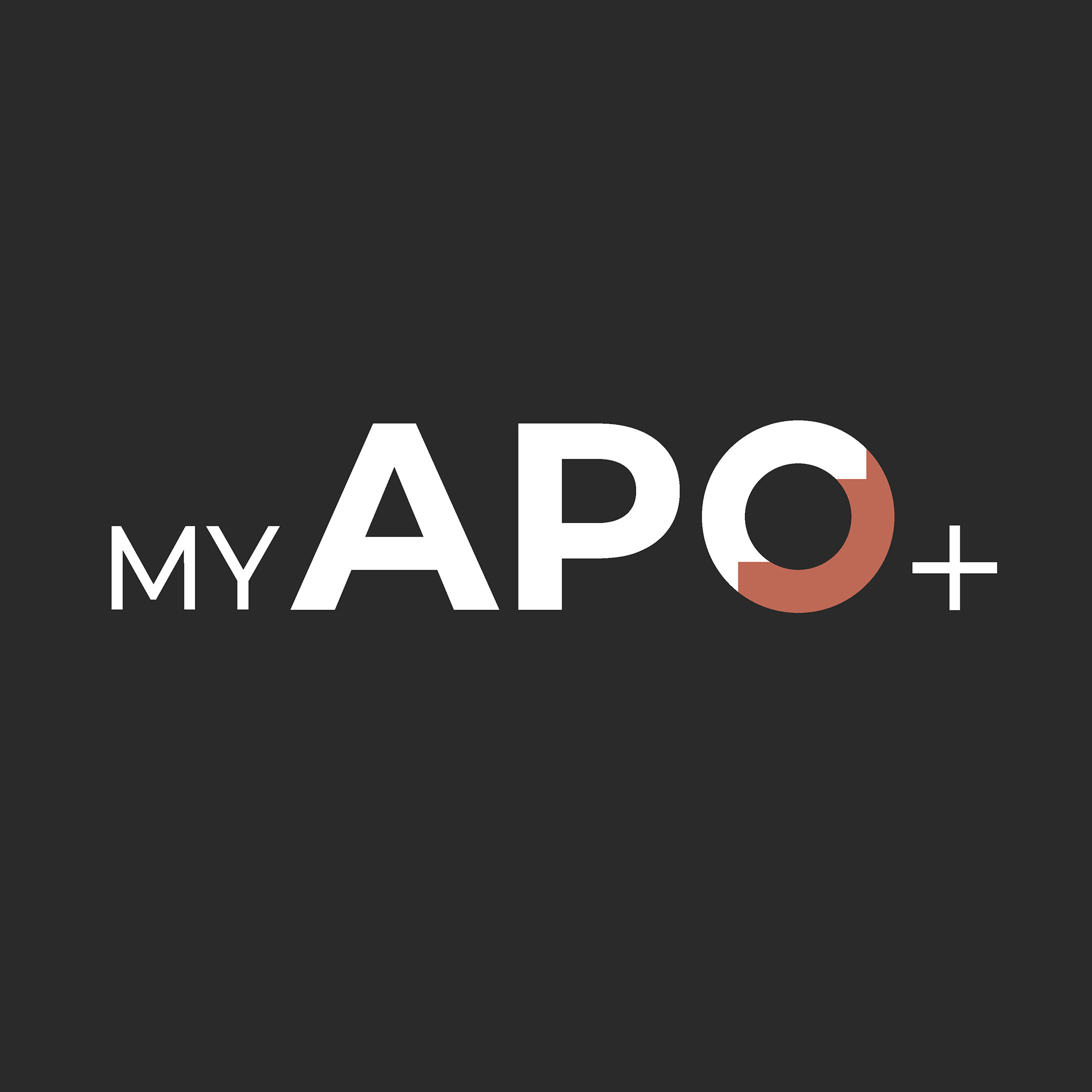 Red and white myAPO+ logo centred on black background
