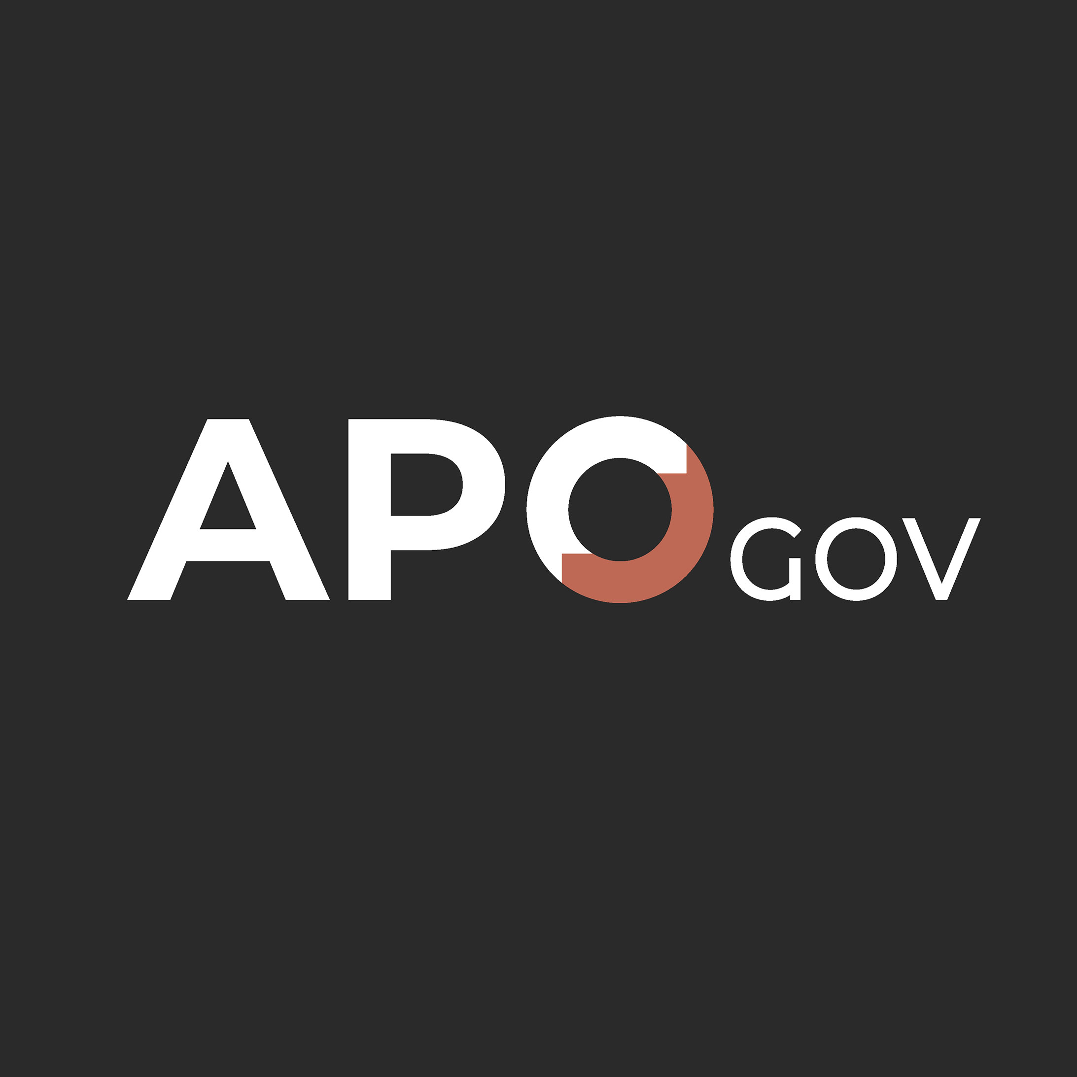Red and white APO Gov logo centred on black background