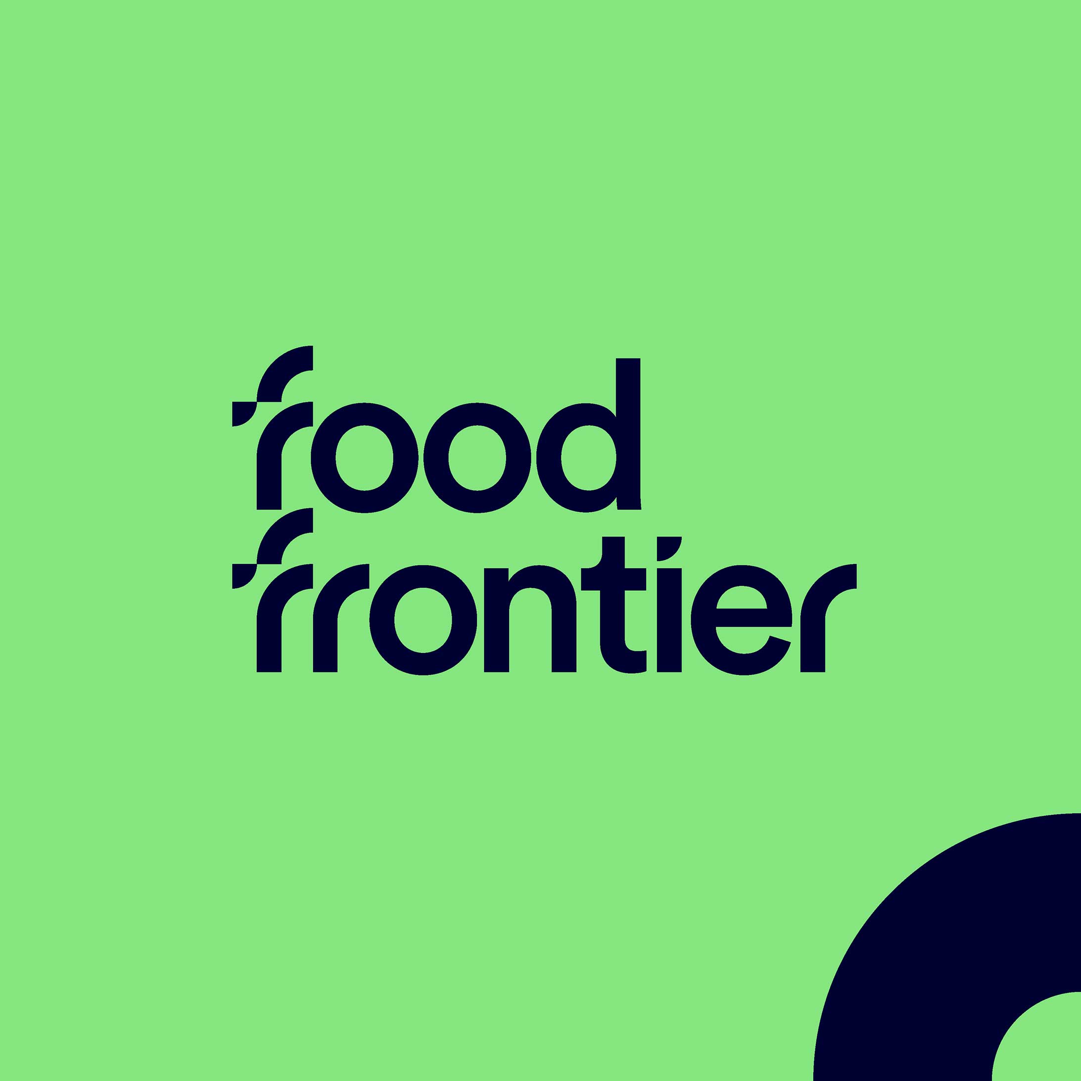 Food Frontier logo in navy on bright green background. Navy brand curve sits in the bottom right corner.