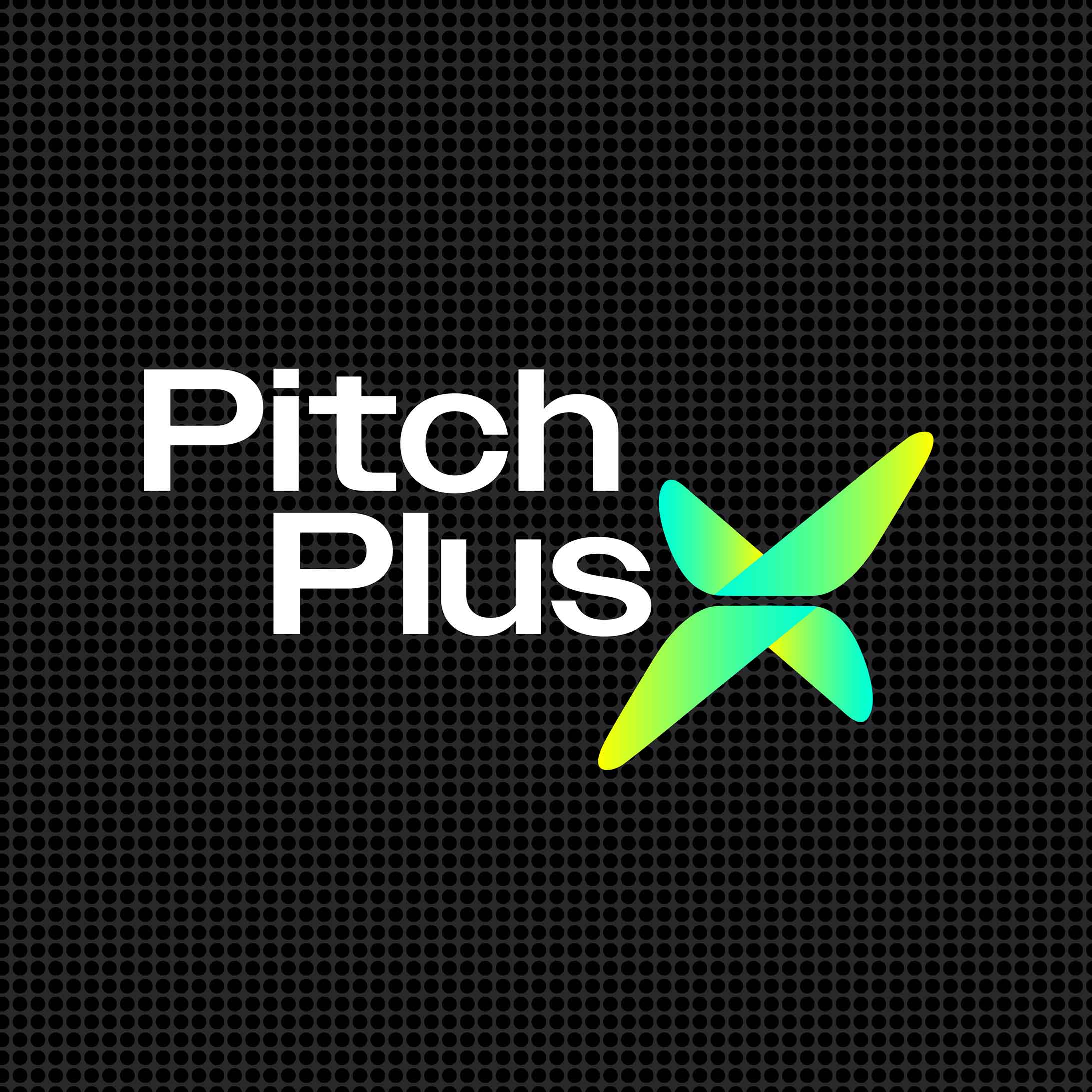 PitchPlusX logo in the centre, reversed on black dotted background. Logo is reversed out in white, with the X in green