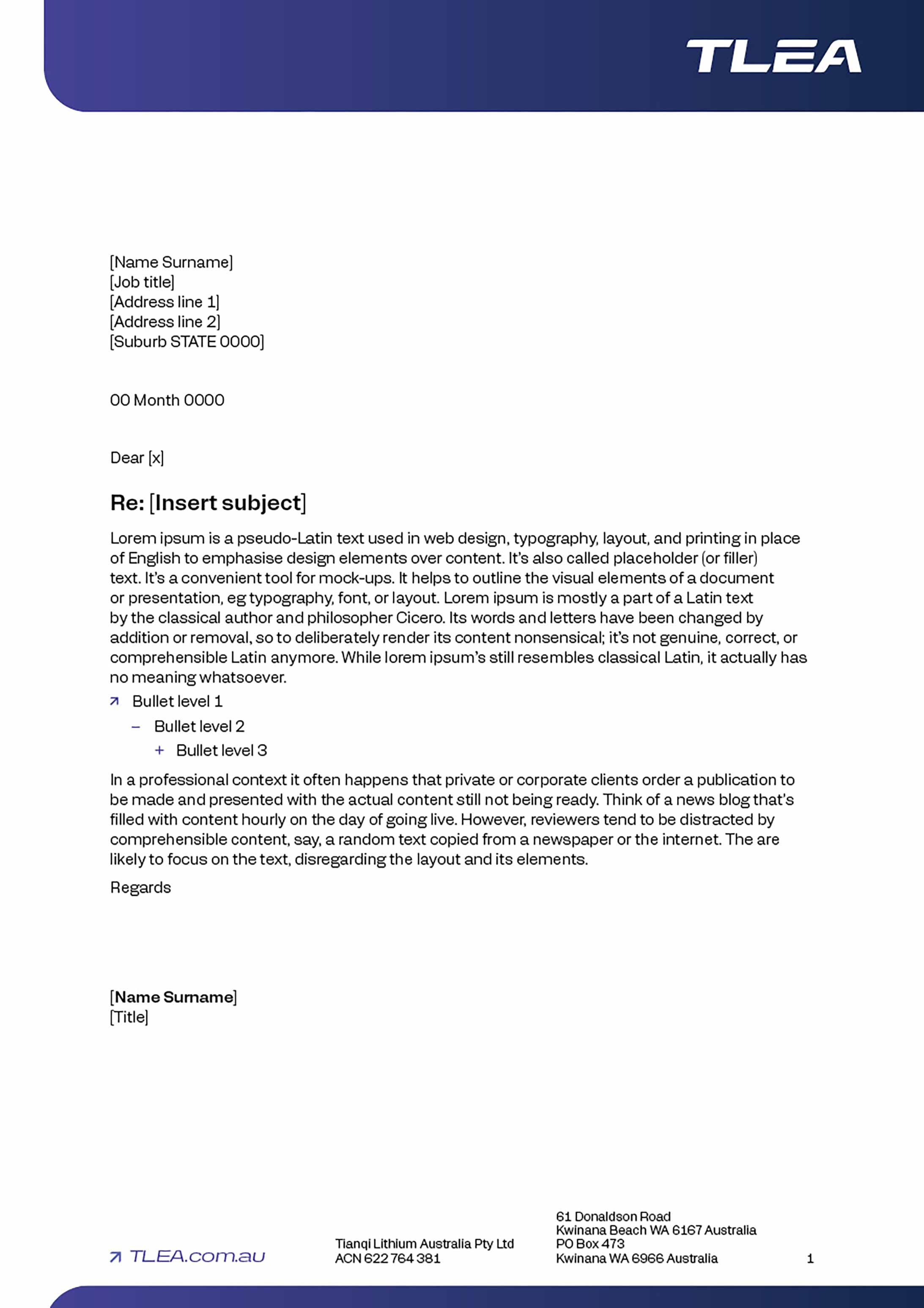 TLEA Letterhead with wording on most of page, and purple banner at top with logo.