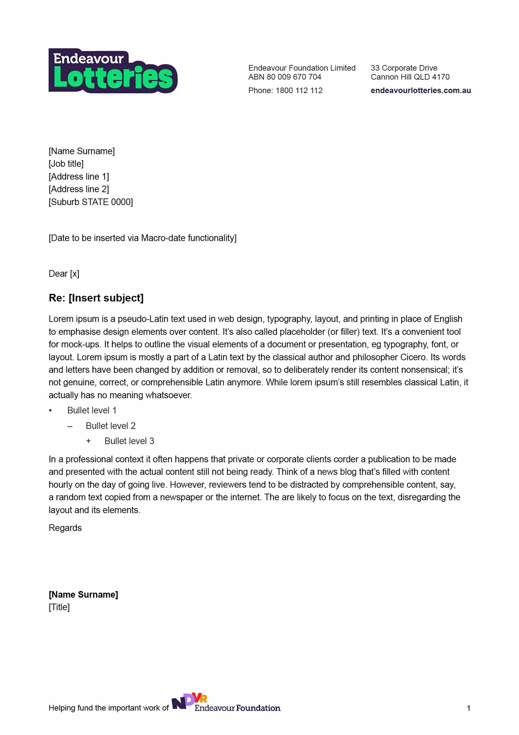 Endeavour Lotteries letterhead with logo in top left corner.