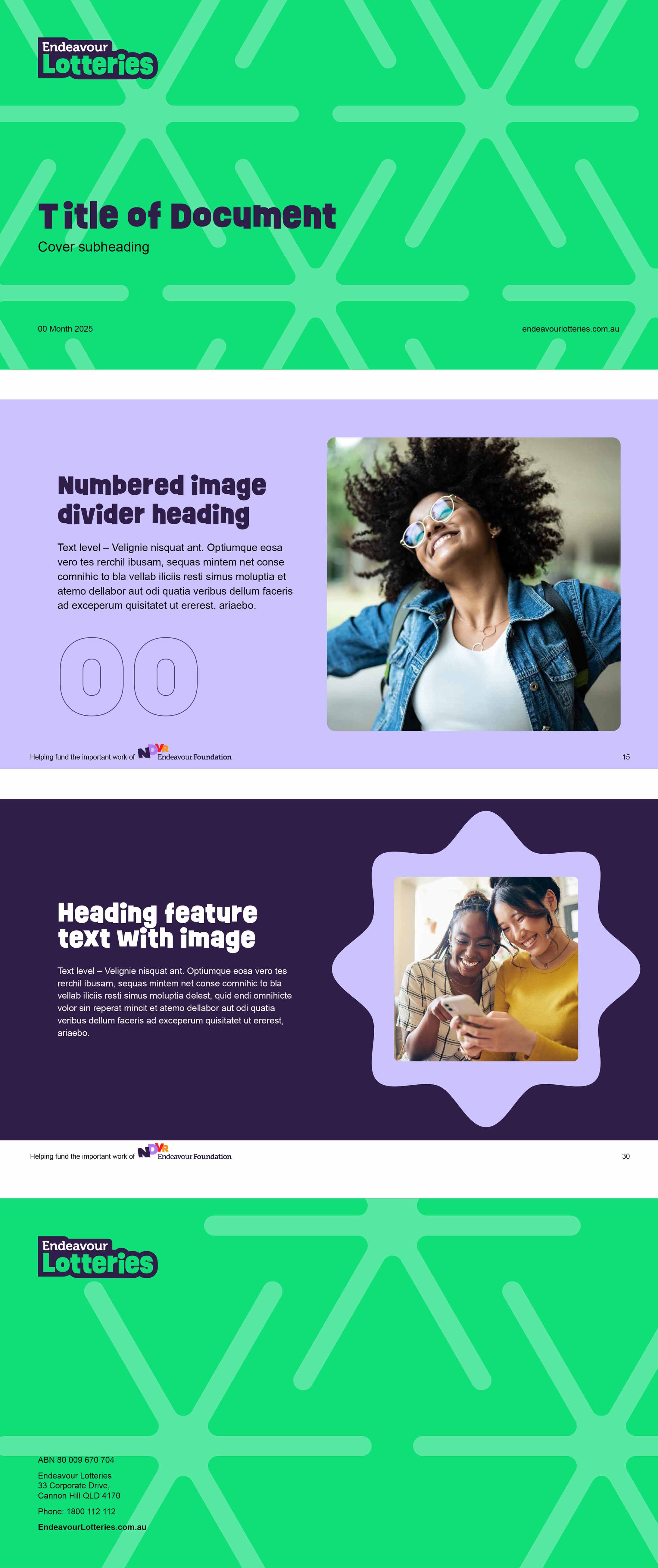 Endeavour Lotteries PowerPoint covers and inside pages.