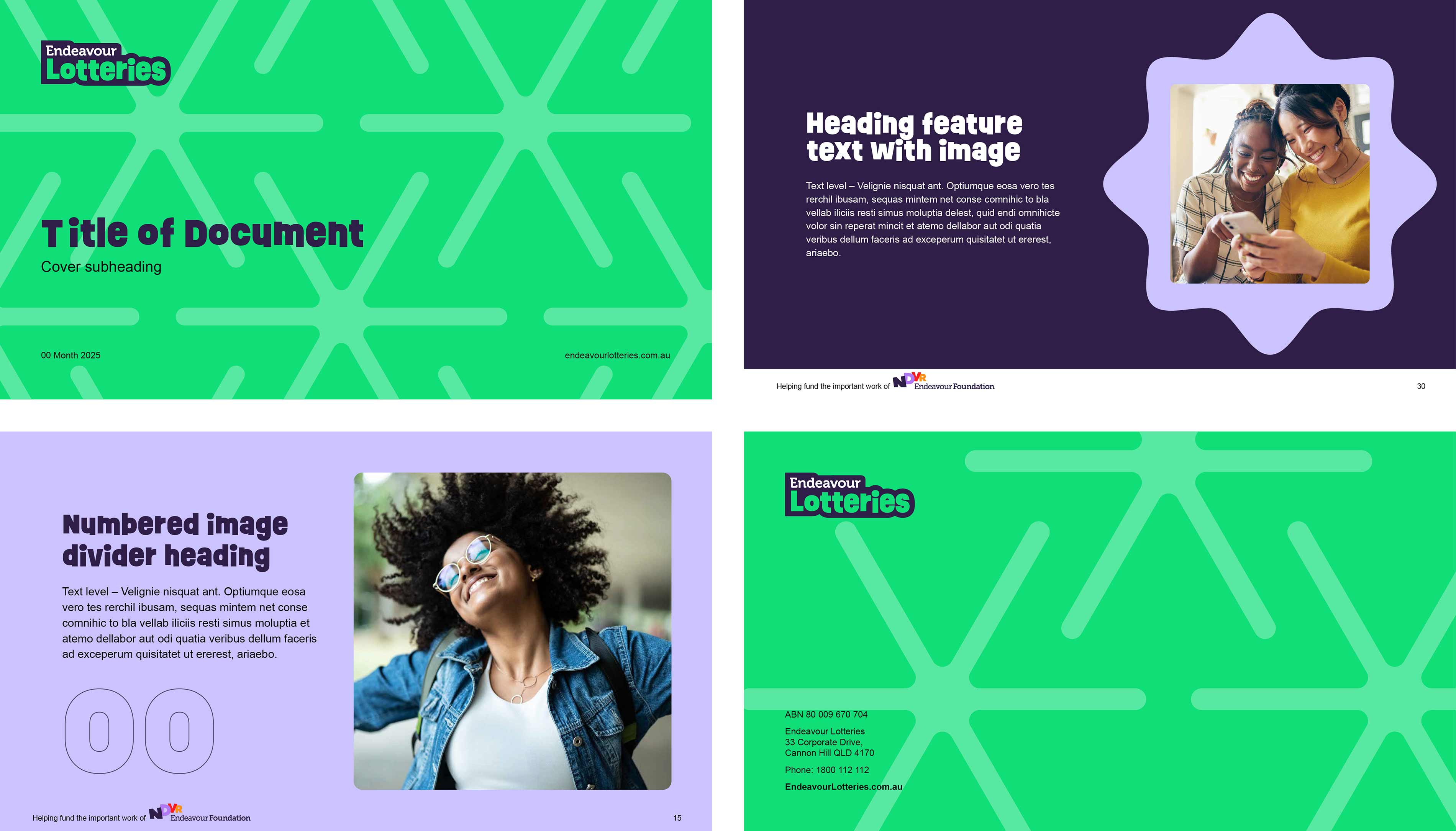 Endeavour Lotteries PowerPoint covers and inside pages.