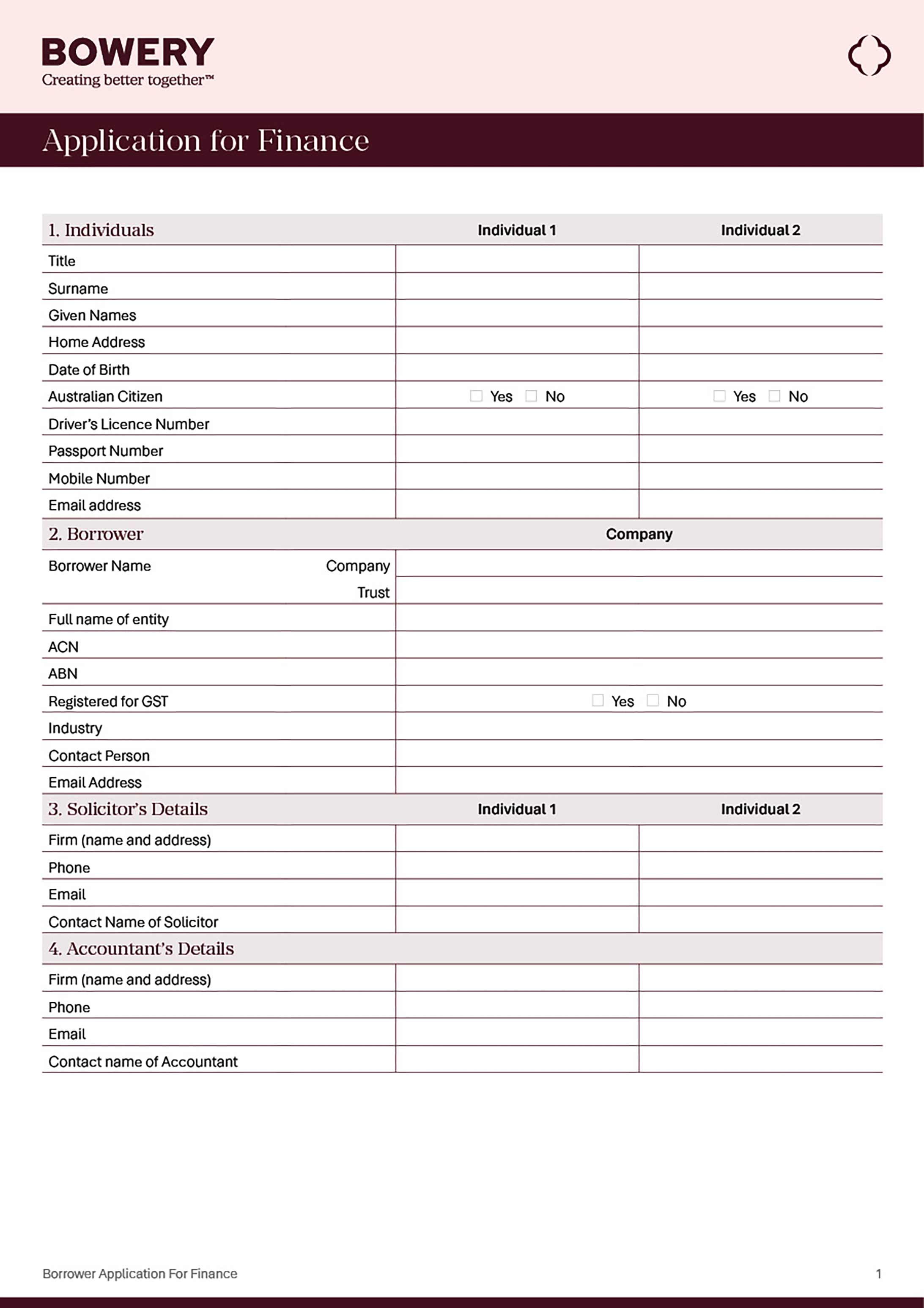 Bowery Application for Finance form.