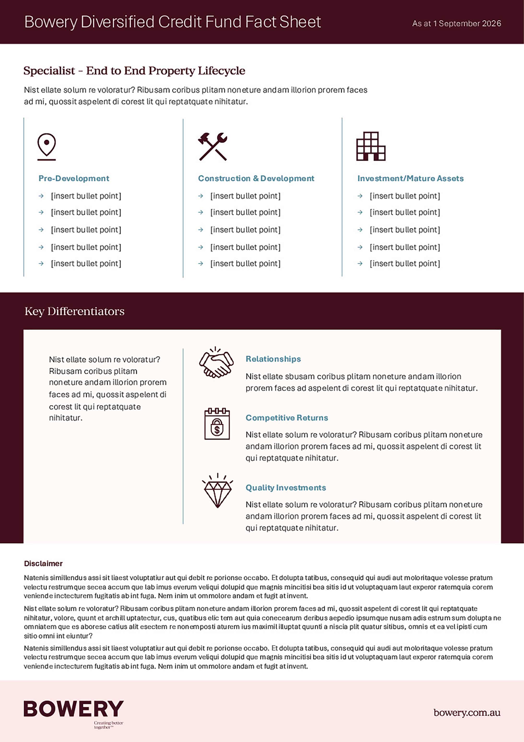 Examples of Bowery Fund Fact Sheet with icons and text.
