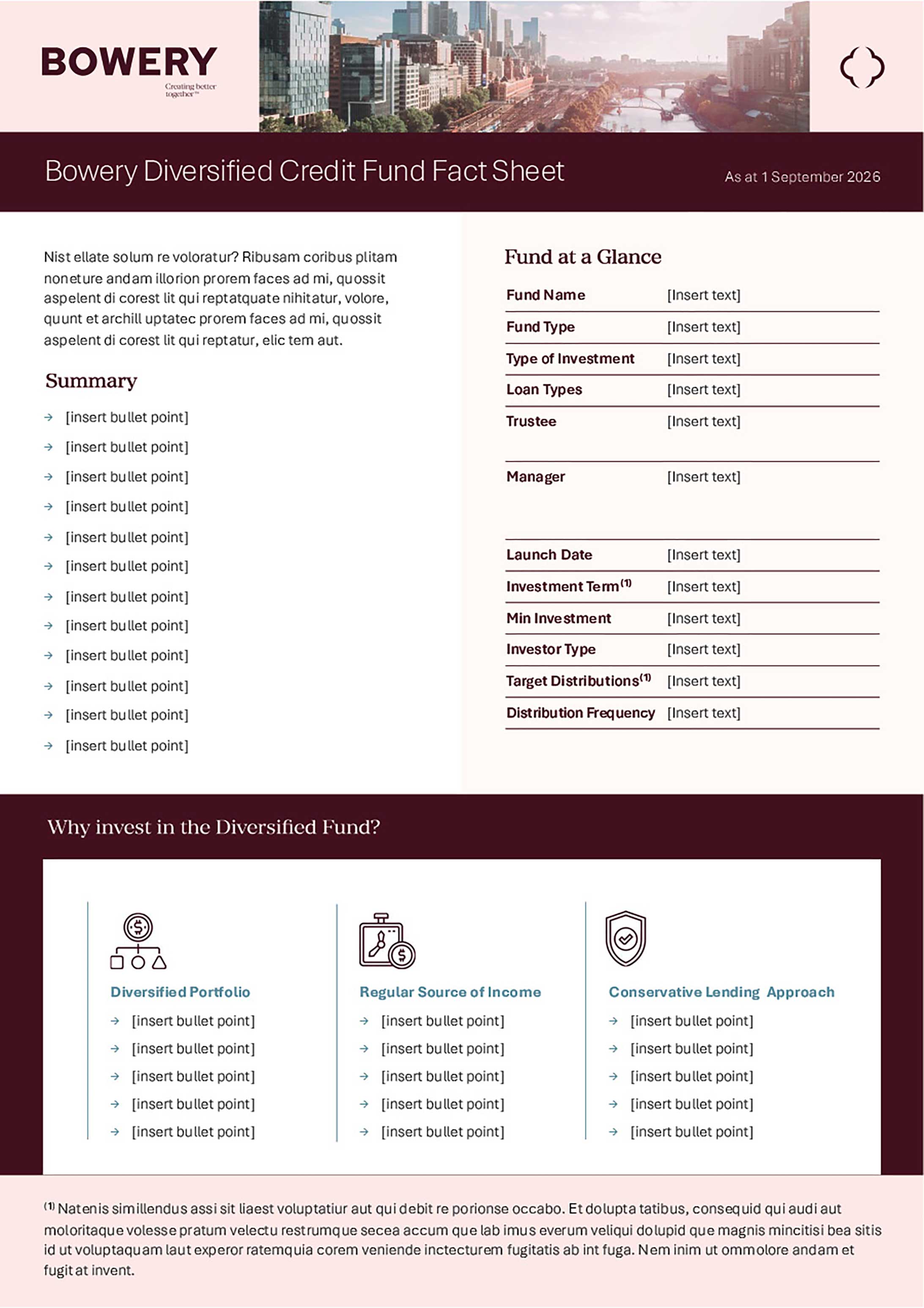 Examples of Bowery Fund Fact Sheet with icons and text.