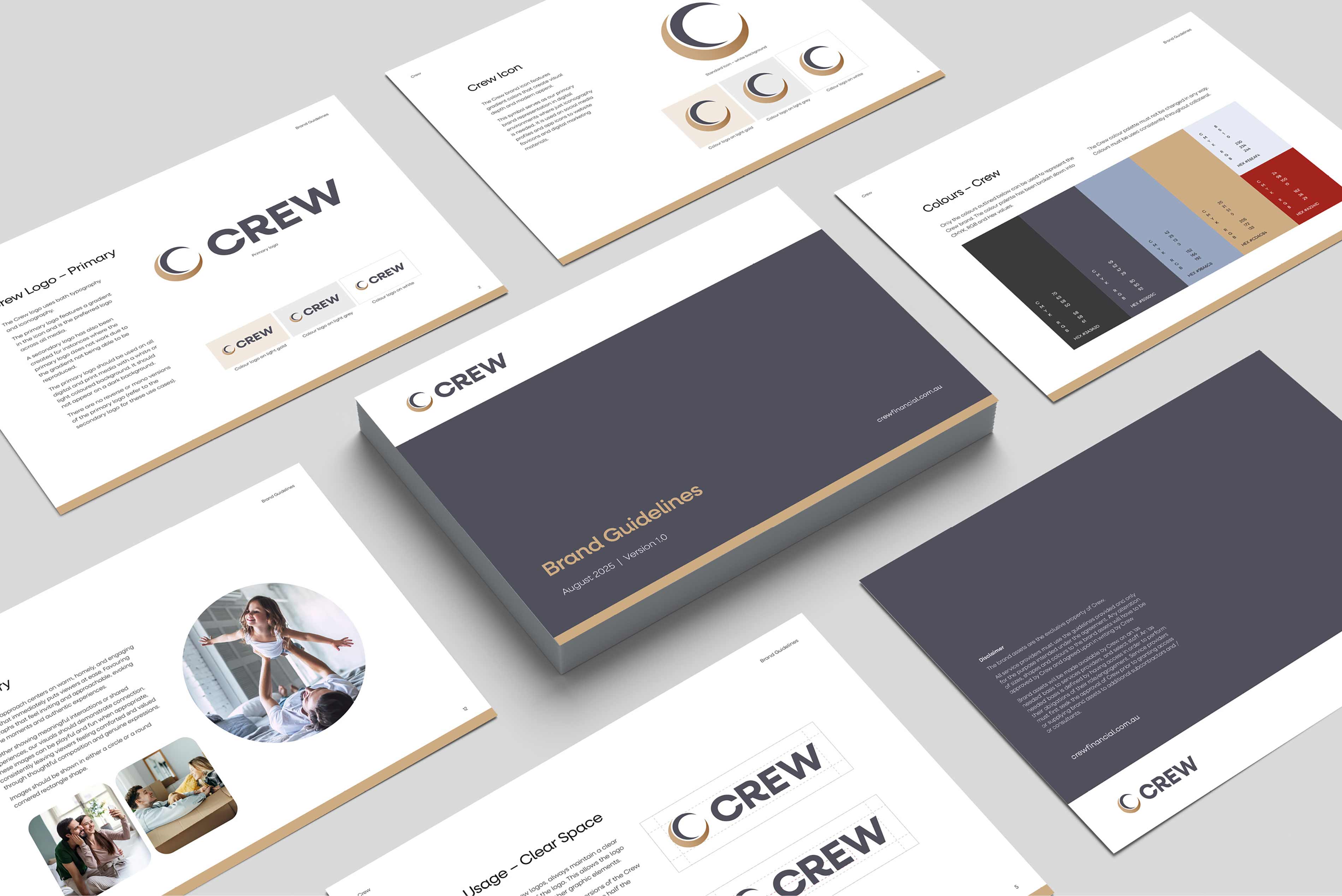 Crew Brand Guidelines laid out with each page on a different sheet, on an angle.