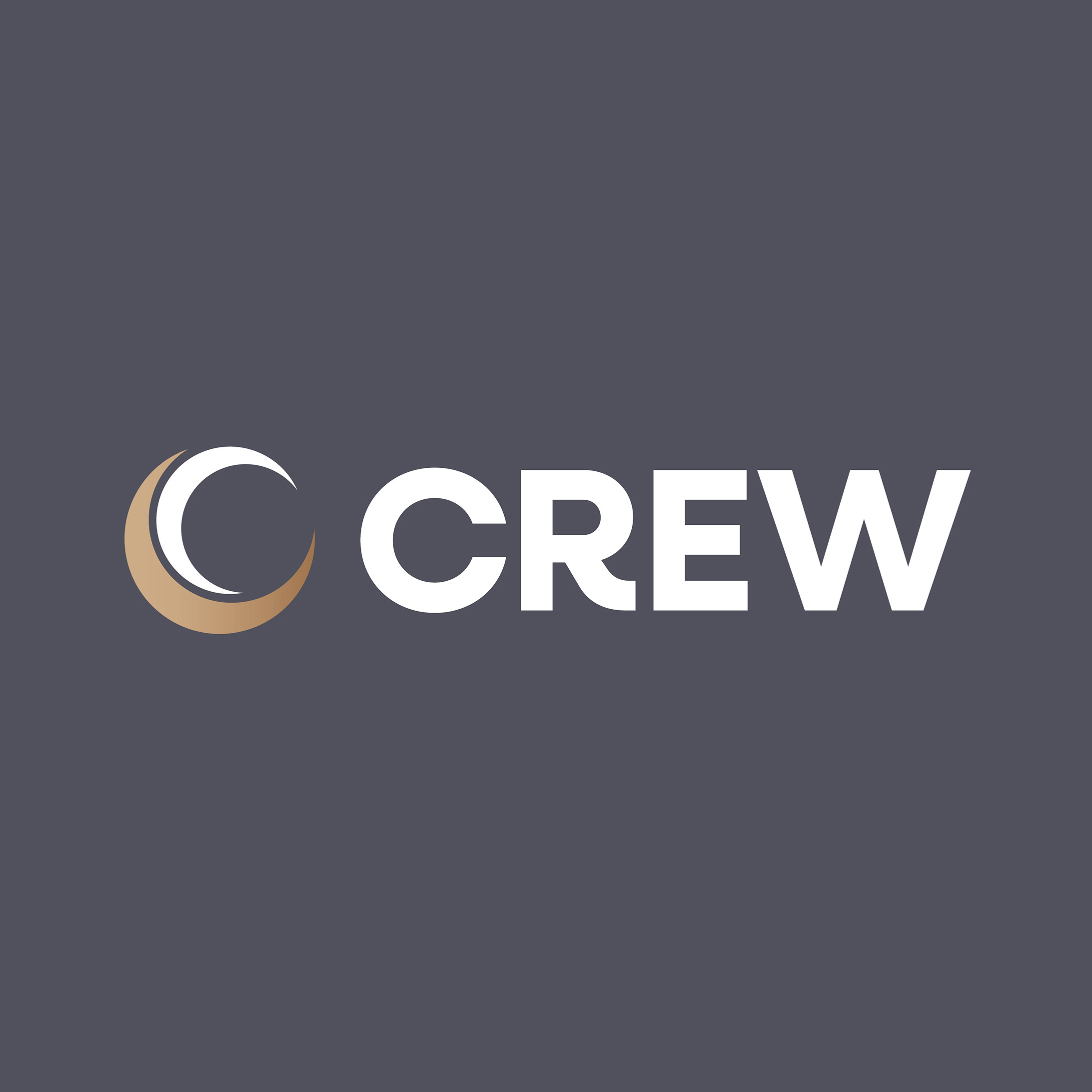 Crew logo in centre of navy background. Logo is a wordmark with an icon that is two c's inside each other; one white, one a gradient of gold to darker gold.