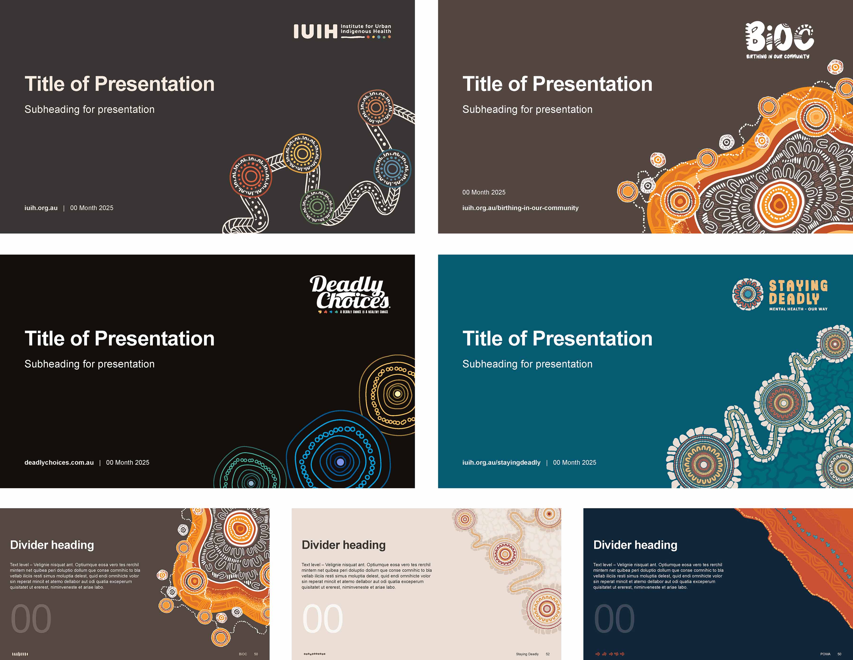 7 examples from the widescreen PowerPoint presentation template. Brands are: IUIH, BIOC, Deadly Choices, Staying Deadly and POWA