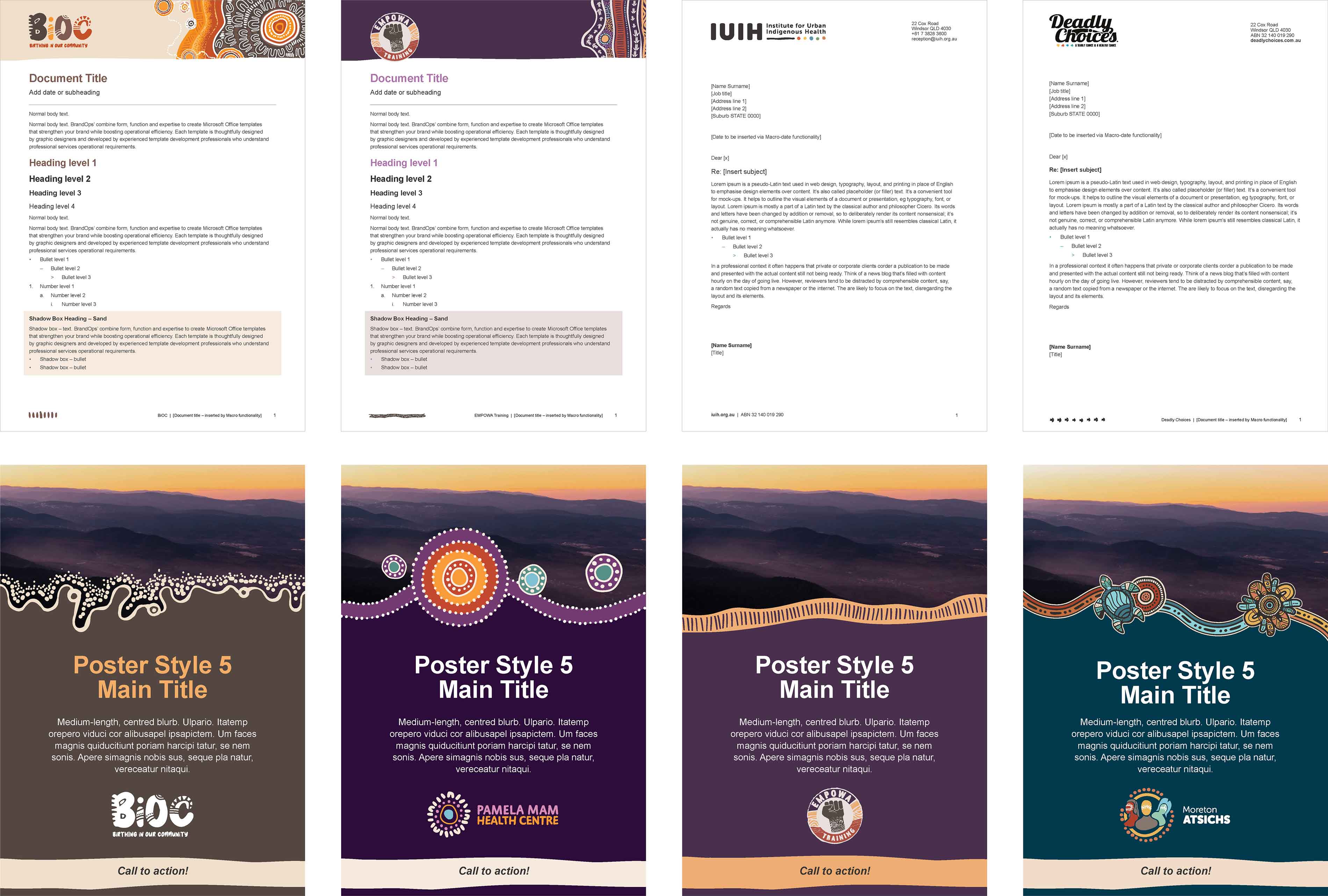 Four x IUIH and related brands' Word template examples along top row, with PowerPoint flyer designs on bottom row.