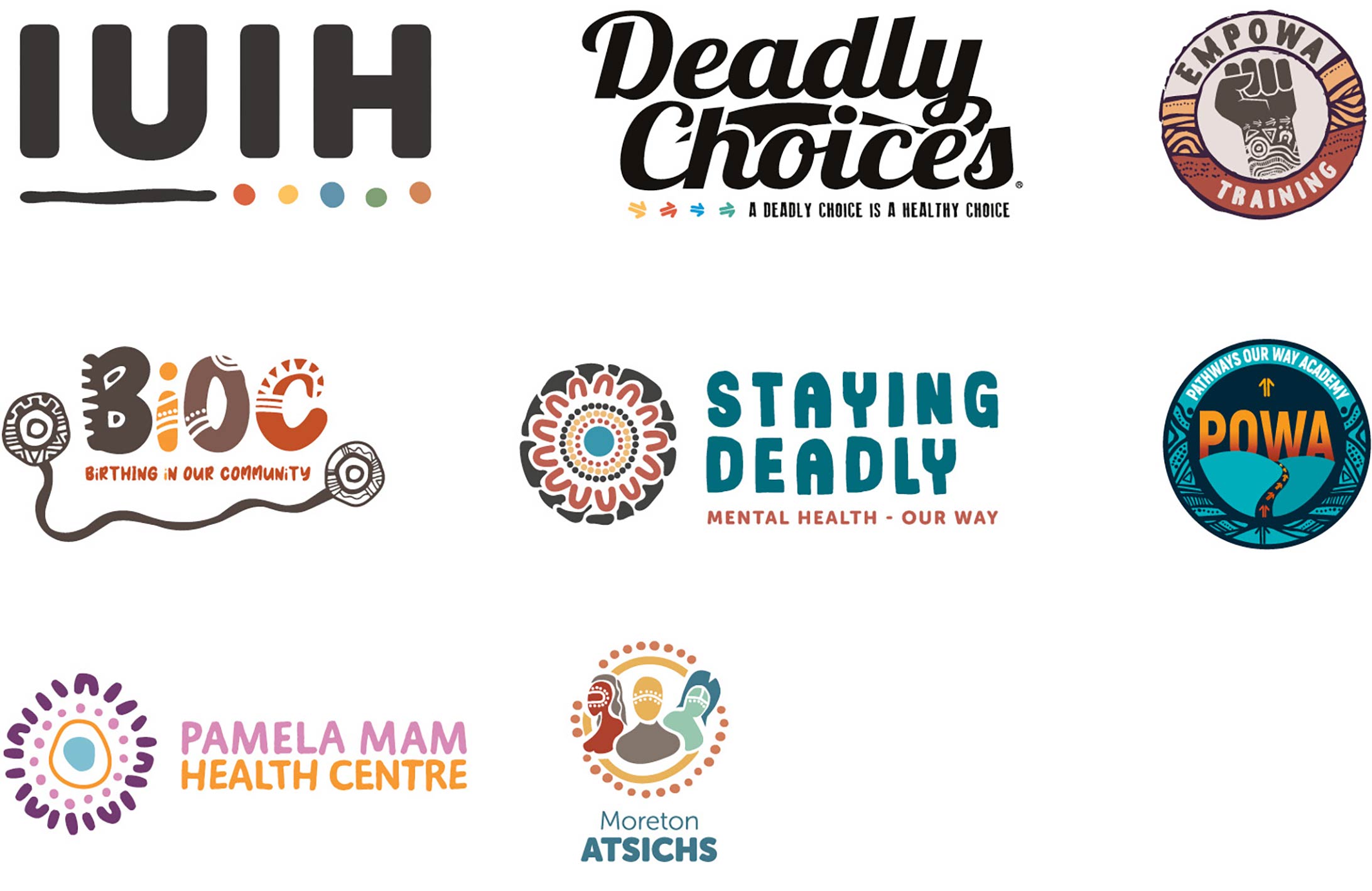 Collection of IUIH related logos, from top left: IUIH, Deadly Choices, EMPOWA, BIOC, Staying Deadly, POWA, PMHC and MATSICHS
