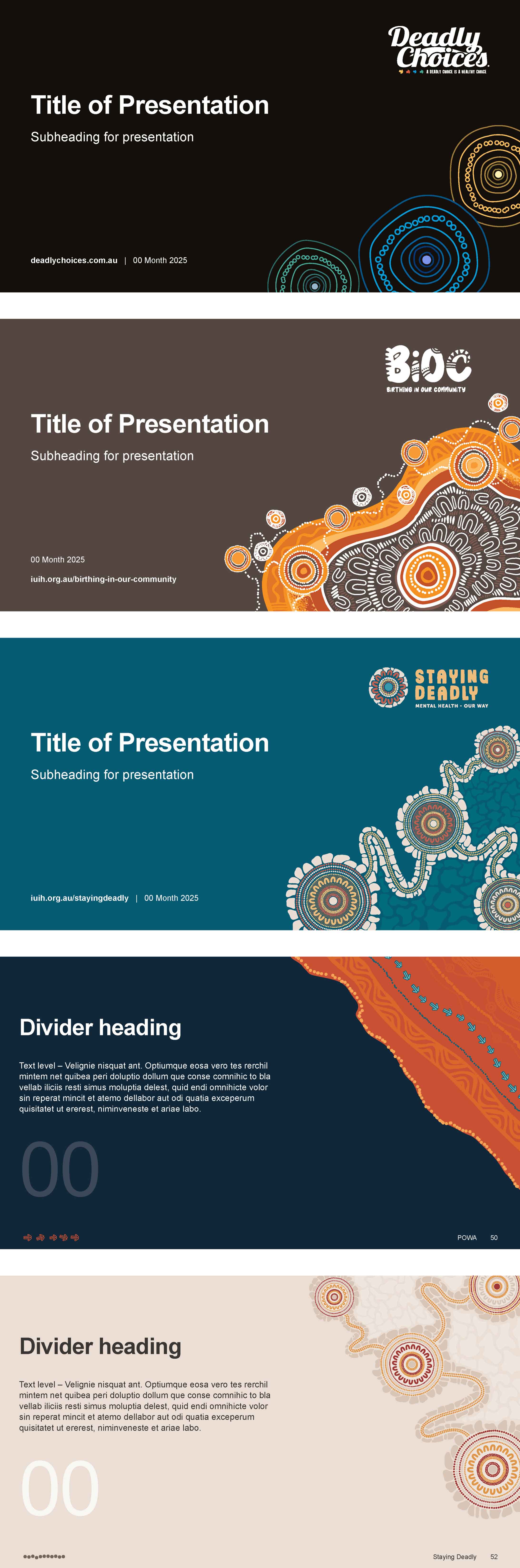 5 examples from the widescreen PowerPoint presentation template. Brands are: IUIH, BIOC, Deadly Choices, Staying Deadly and POWA