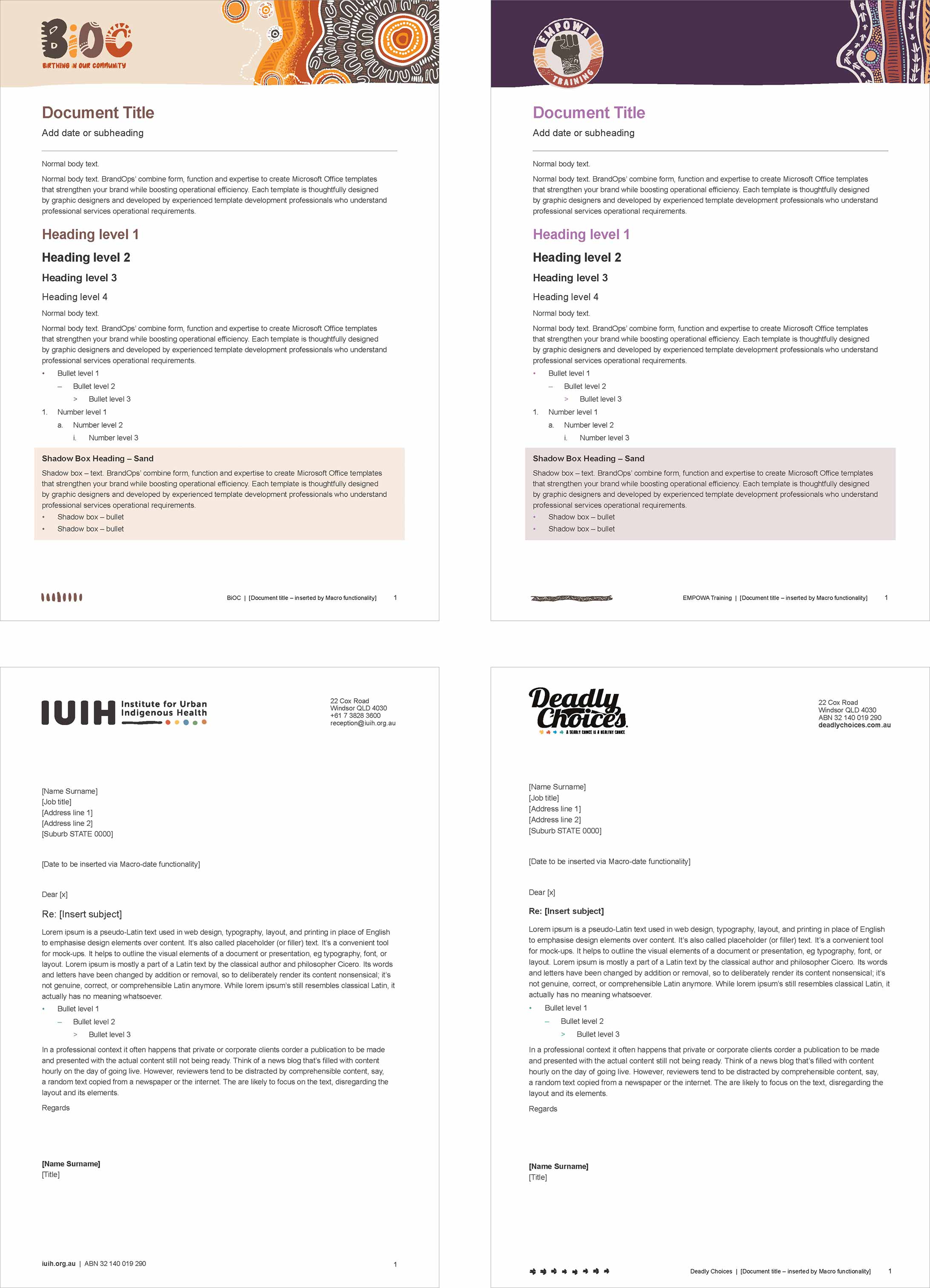Four x IUIH and related brands' Word template examples