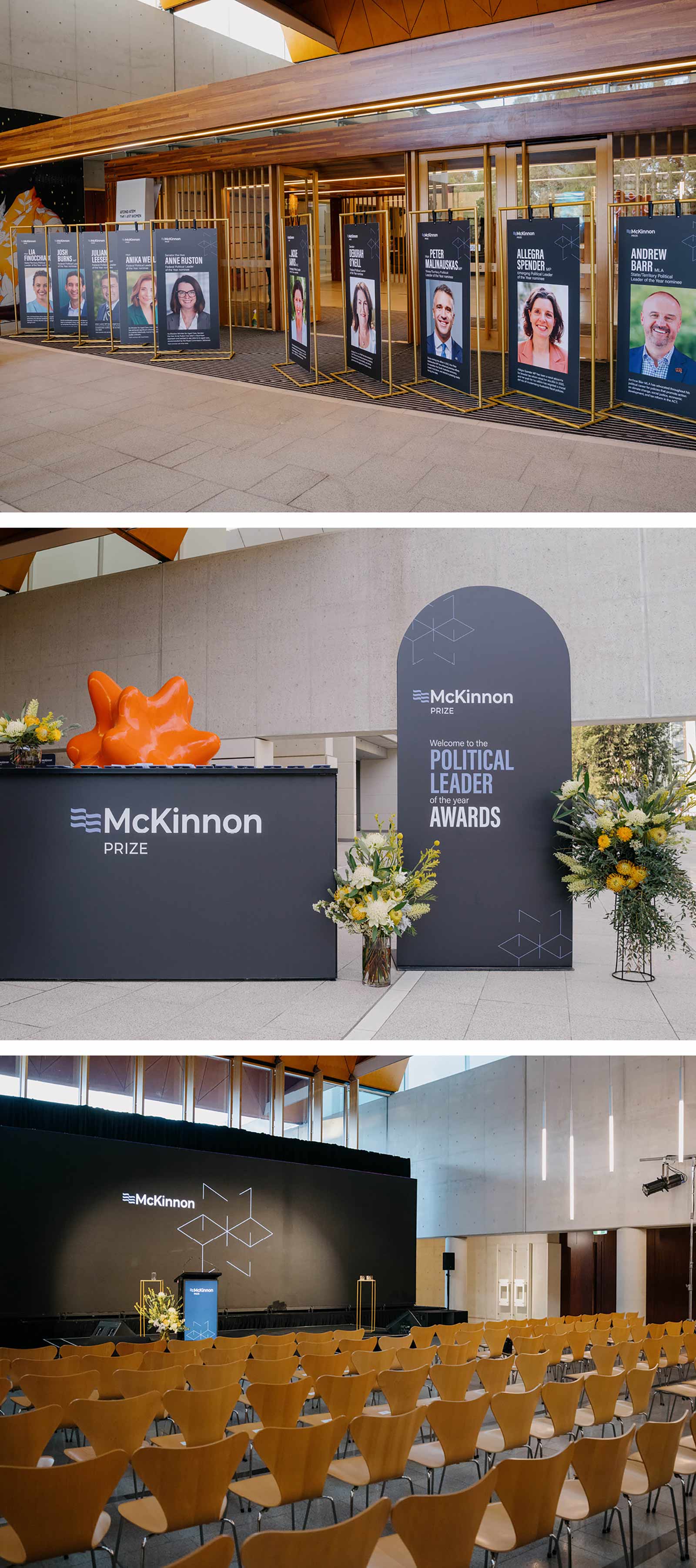 Top: images of nominees on banners outside Canberra's National Portrait Gallery. Middle: Entry point of the National Portrait Gallery, with McKinnon branded welcome sign and front desk signage. Right image is of the auditorium with branded PowerPoint file on the big screen.