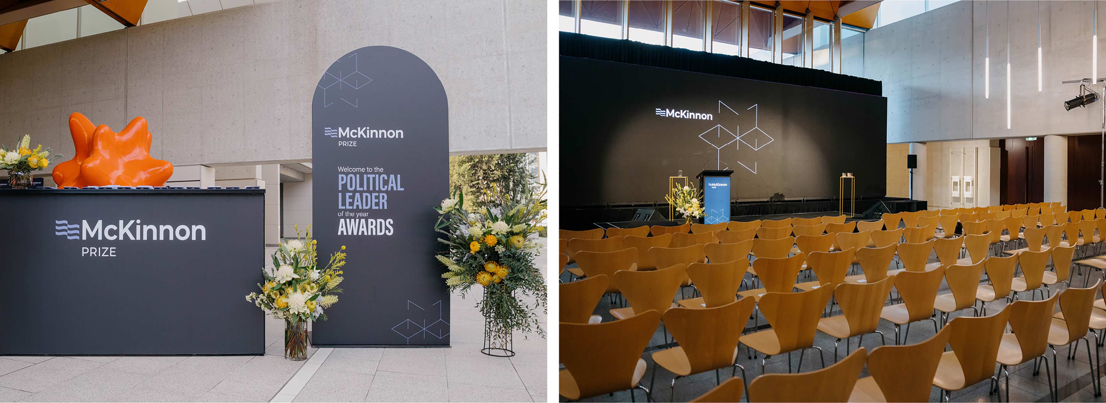 Left: Entry point of the National Portrait Gallery, with McKinnon branded welcome sign and front desk signage. Right image is of the auditorium with branded PowerPoint file on the big screen.