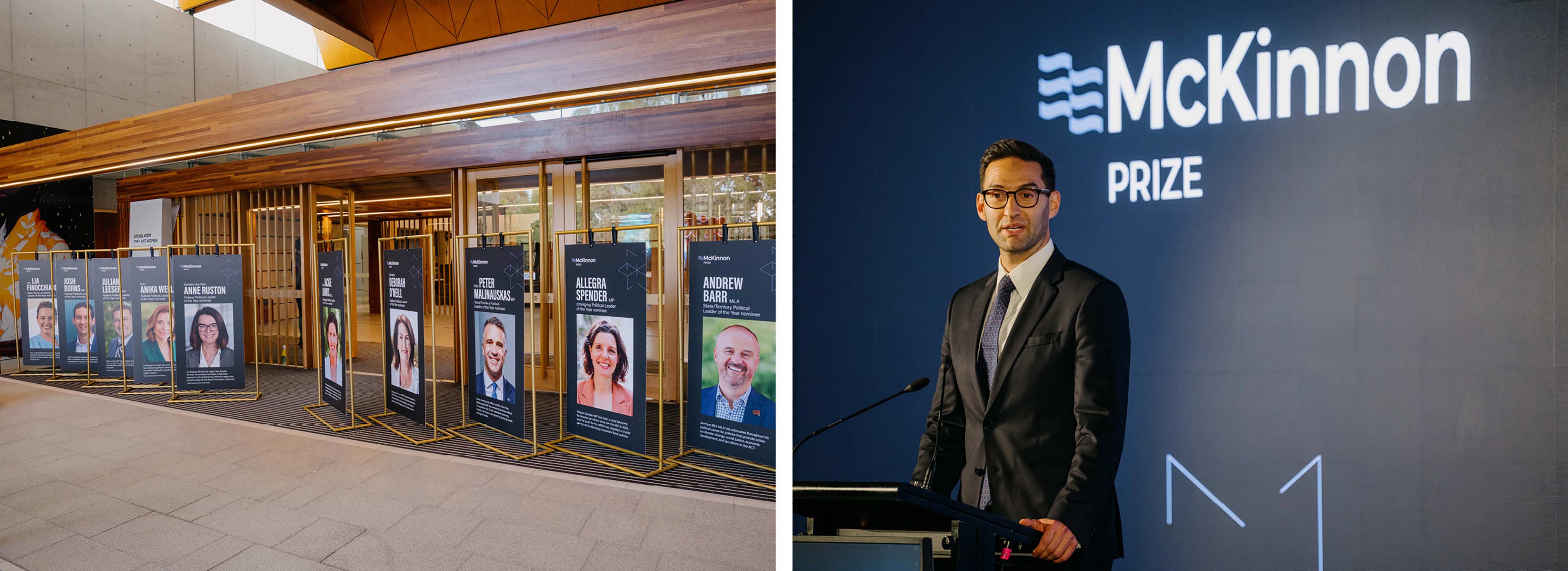 Left shows image of nominees on banners outside Canberra's National Portrait Gallery. Right shows prize winner MP Josh Burns accepting his award.