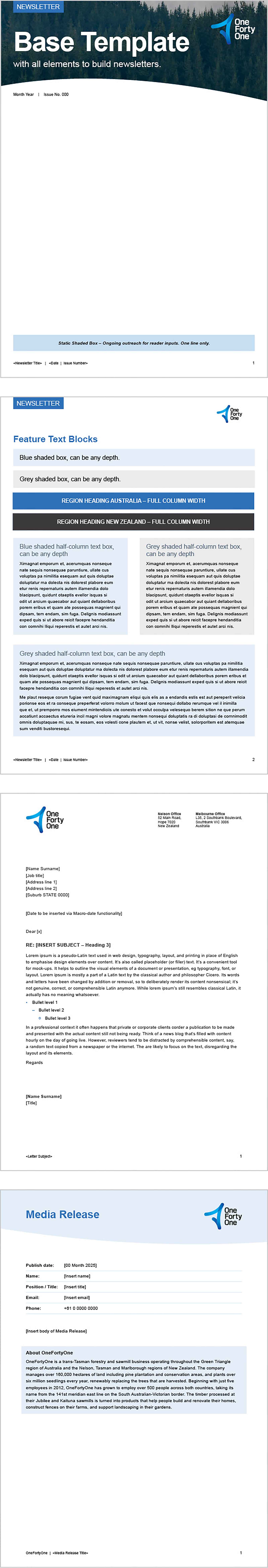 Examples of Word templates. From top: Newsletter designs, Letterhead, Media Release.