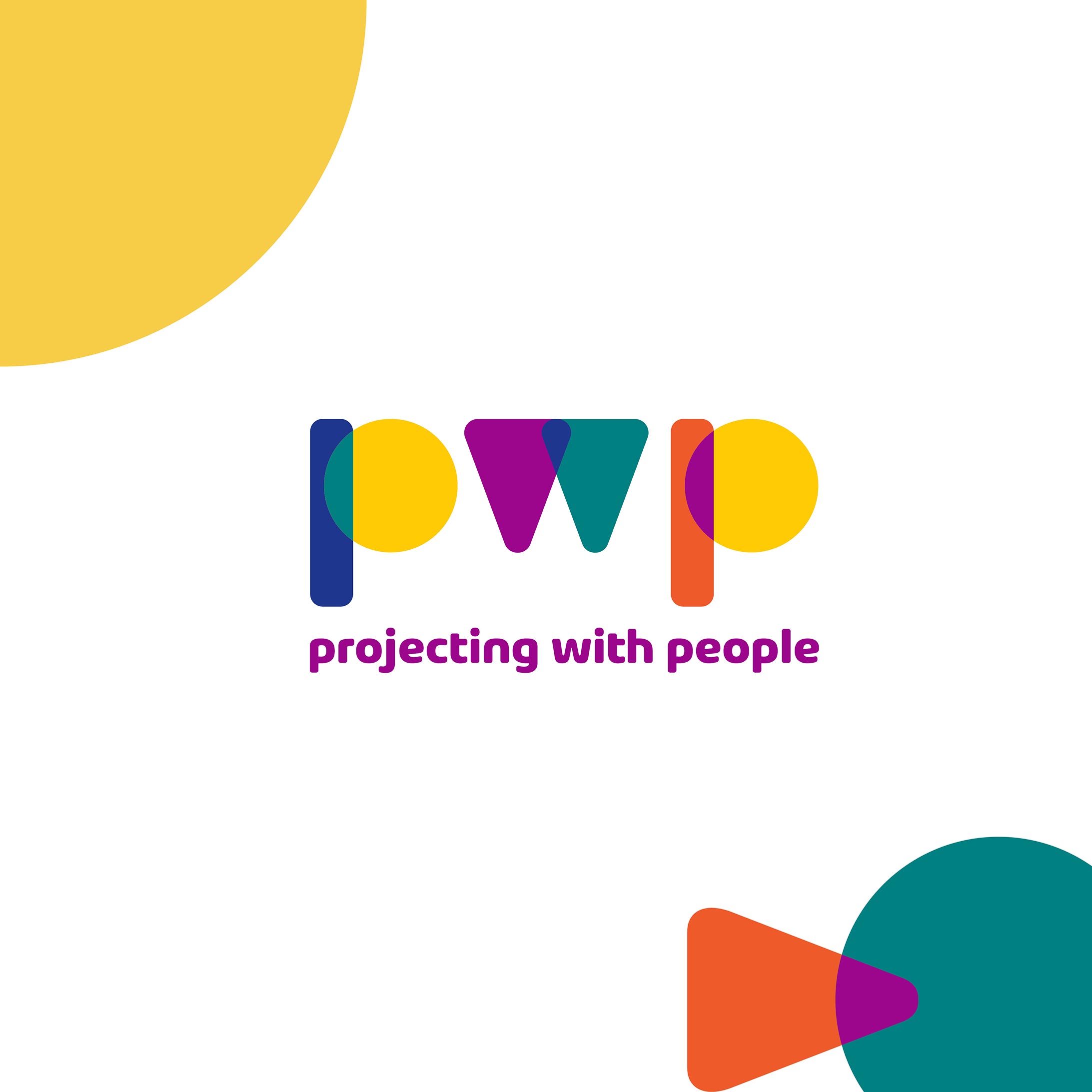 Projecting with People logo centred on white background with branded graphics coming in from top left and bottom right.