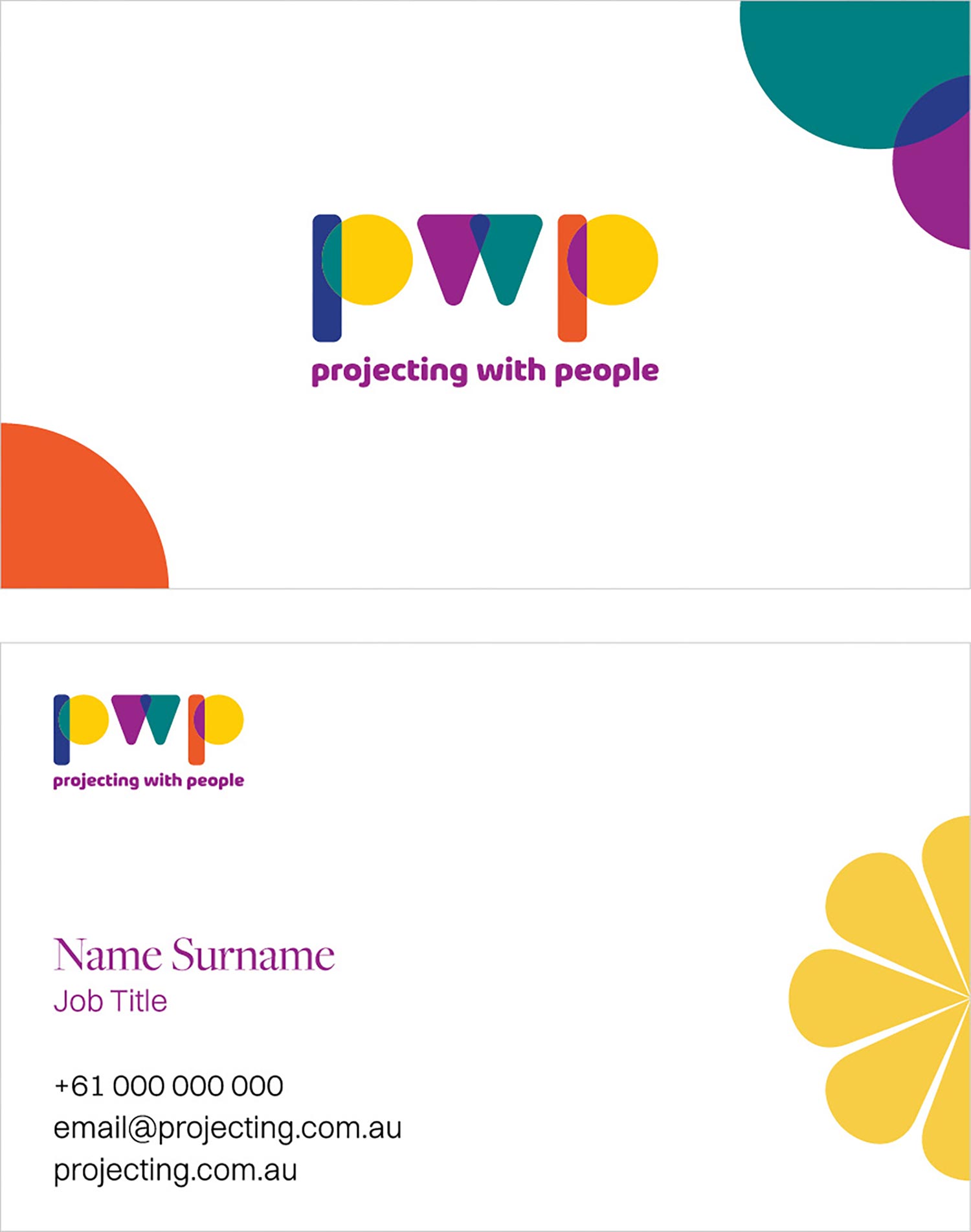 Projecting with People Business cards, showing white backgrounds, vibrant coloured branded graphics coming in from the side, and wording on bottom left hand side of card.
