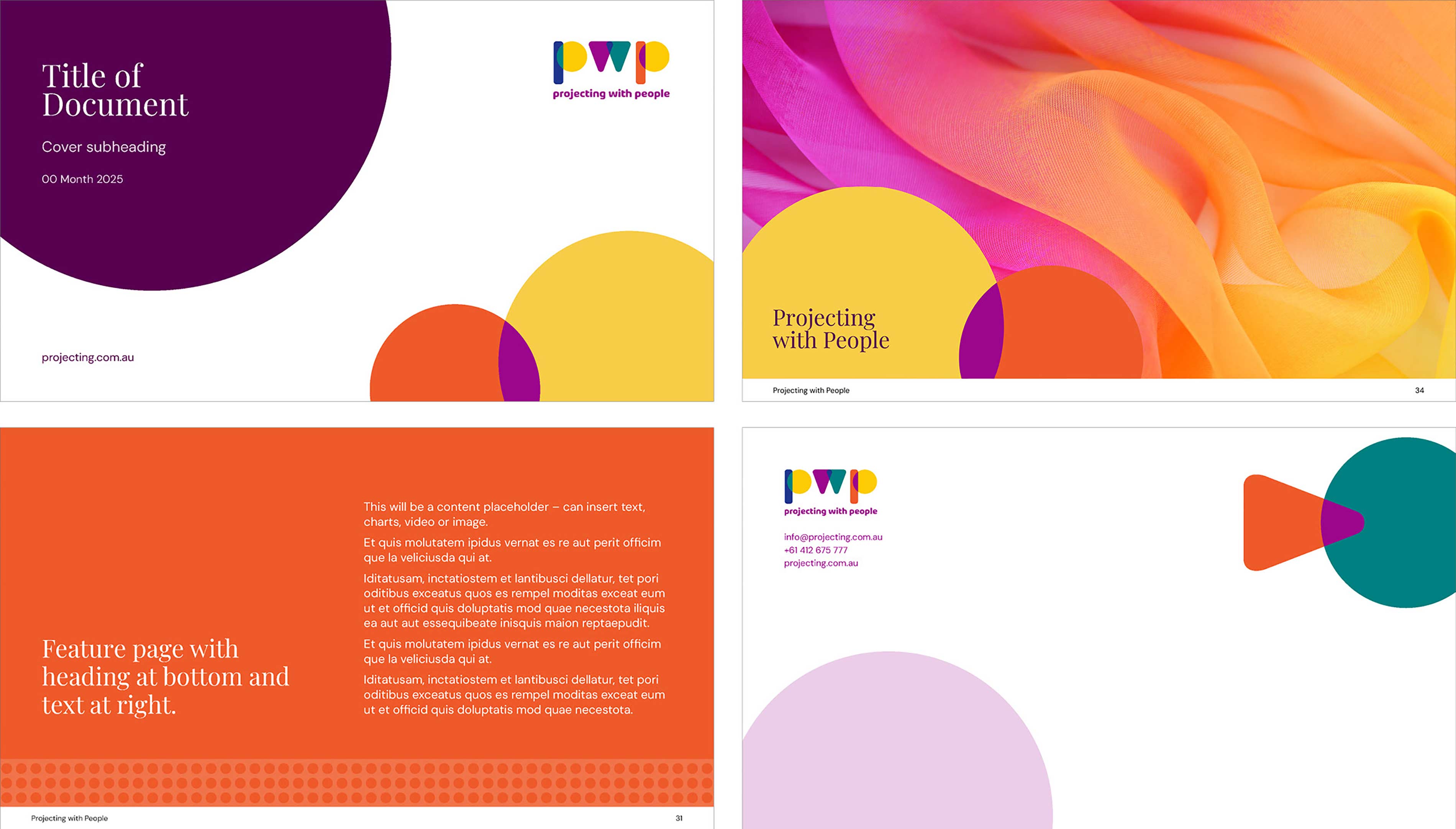 Four examples of Projecting with People's widescreen presentation template designs