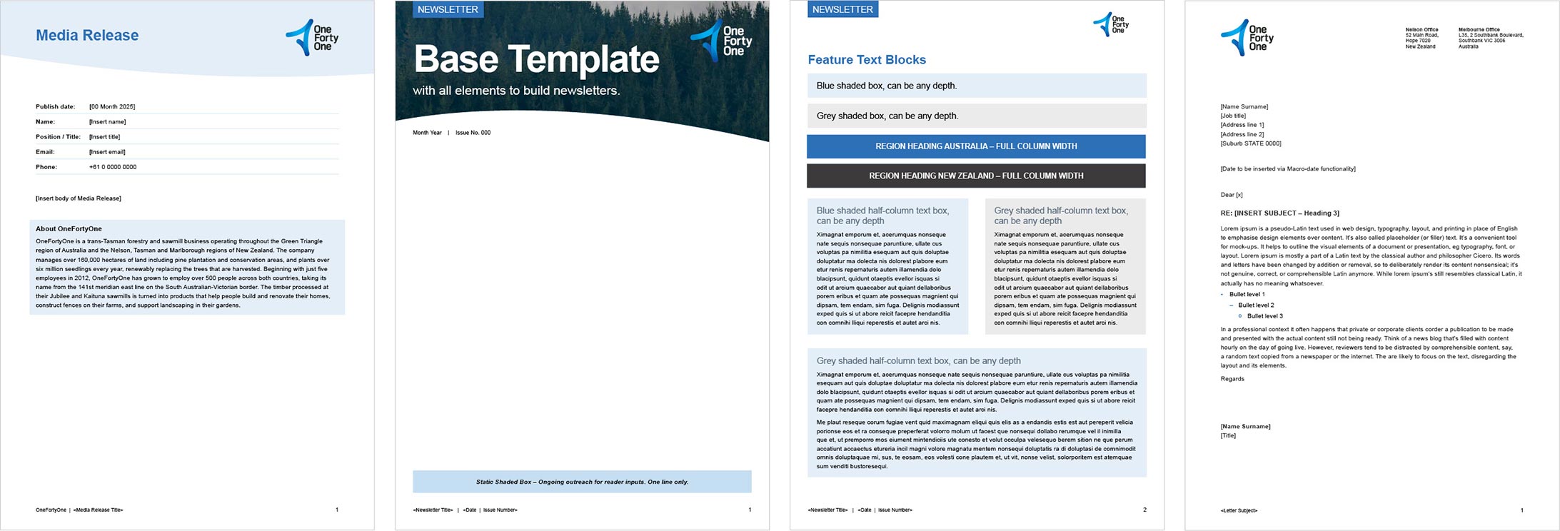 Examples of Word templates. From left: Media Release, Newsletter designs, Letterhead.