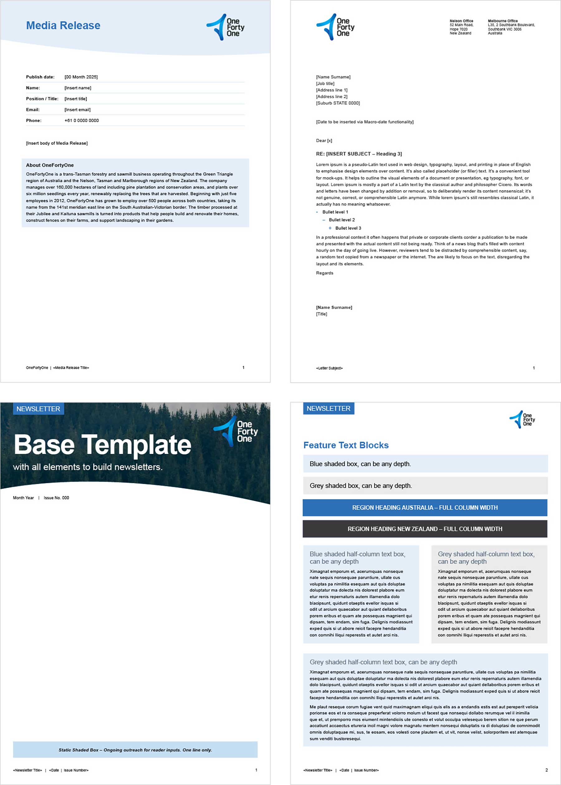 Examples of Word templates. From top: Newsletter designs, Letterhead, Media Release.