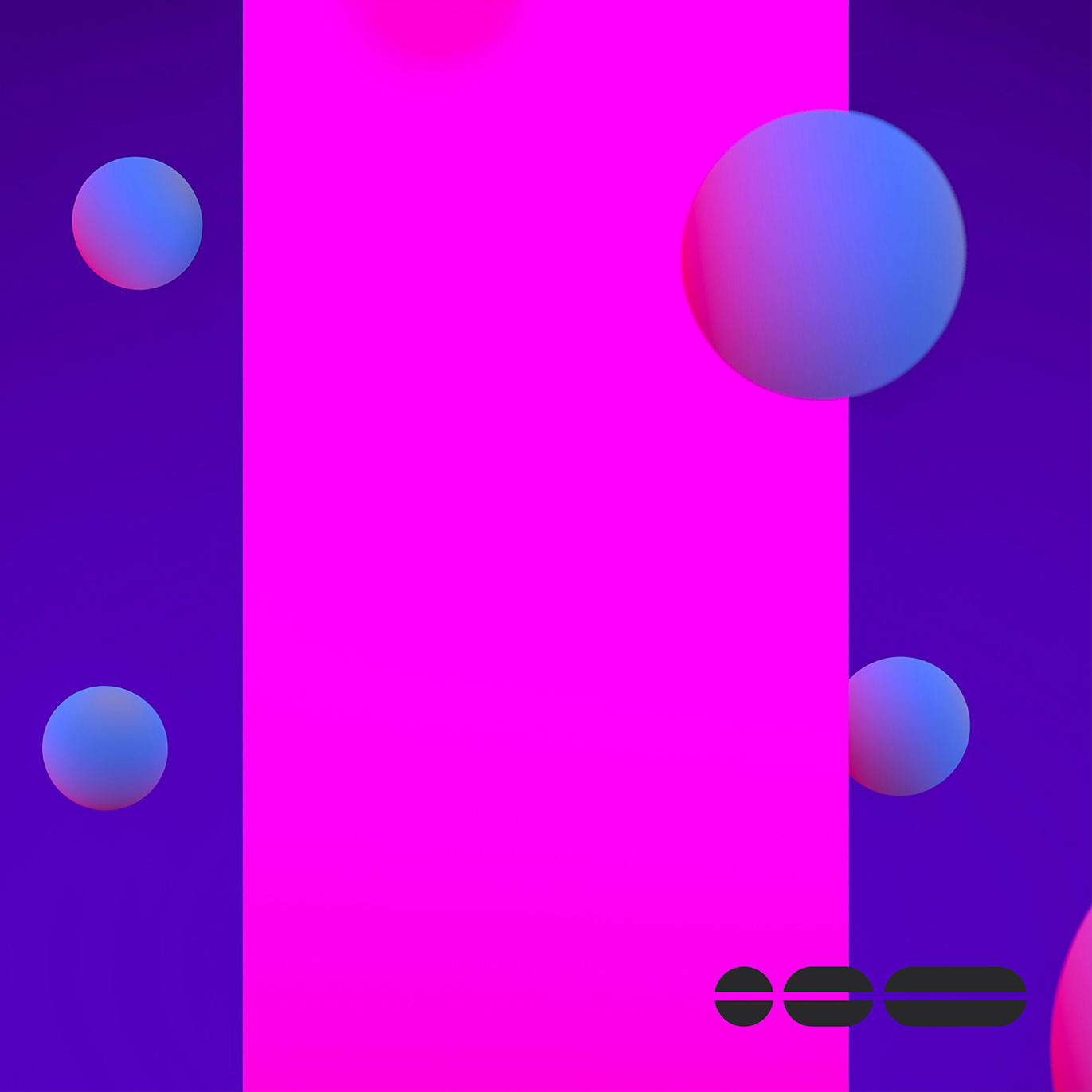 Abstract pink and purple visual with a pink door in the centre, and purple balls floating around in front and behind the door.