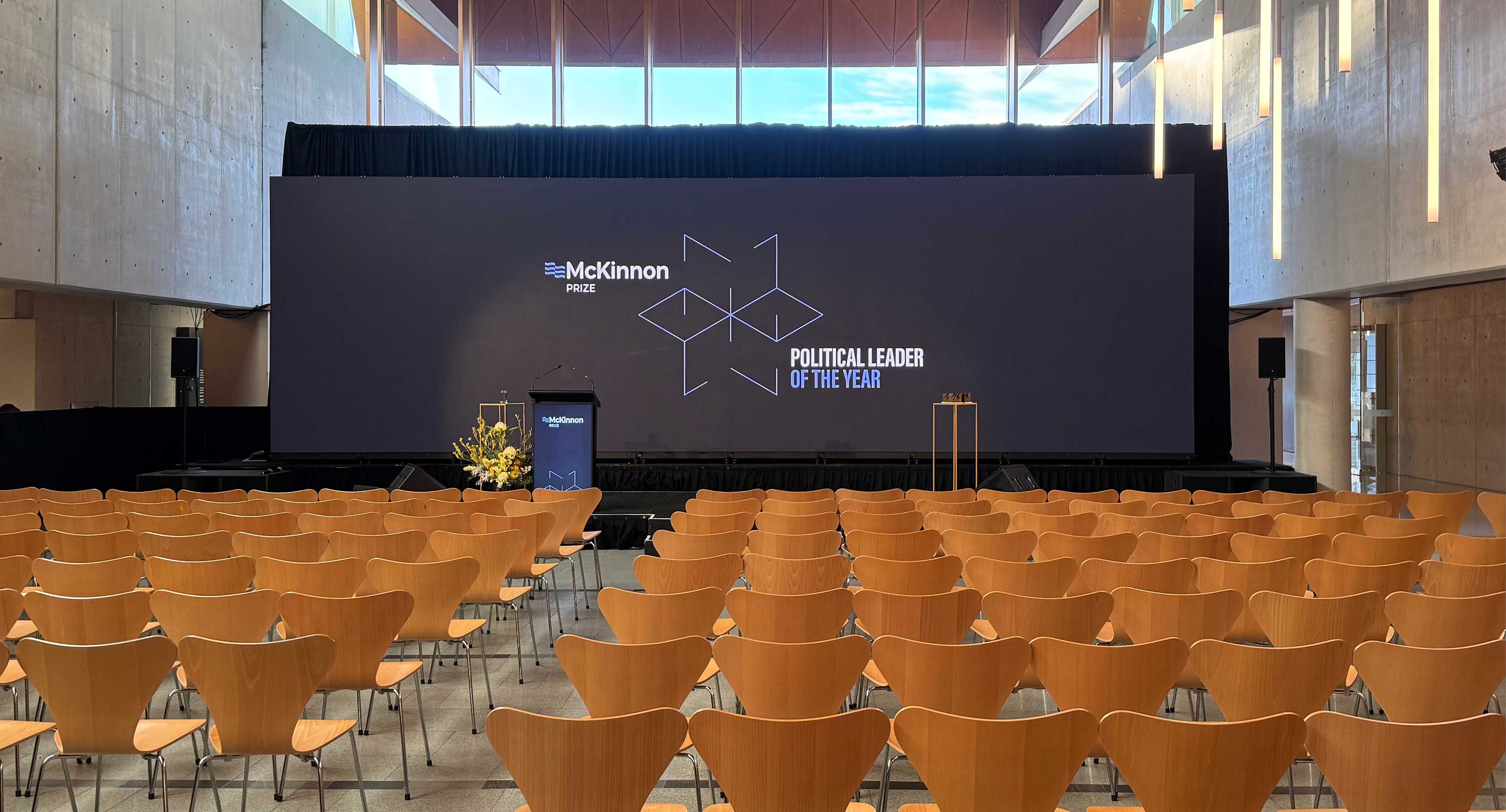 Photo from the McKinnon Prize event 2025. Setup of the auditorium prior to event commencement.