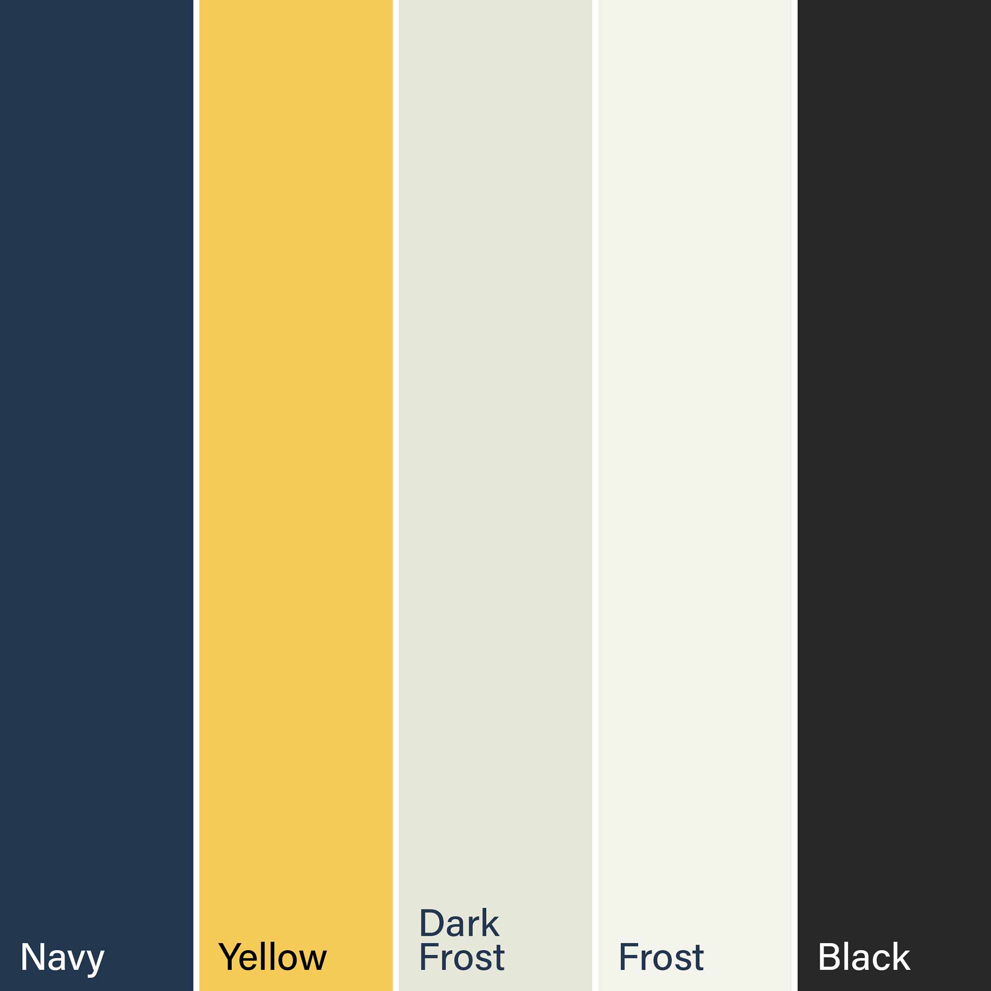 Ventura colours - navy, yellow, dark frost, frost and black.