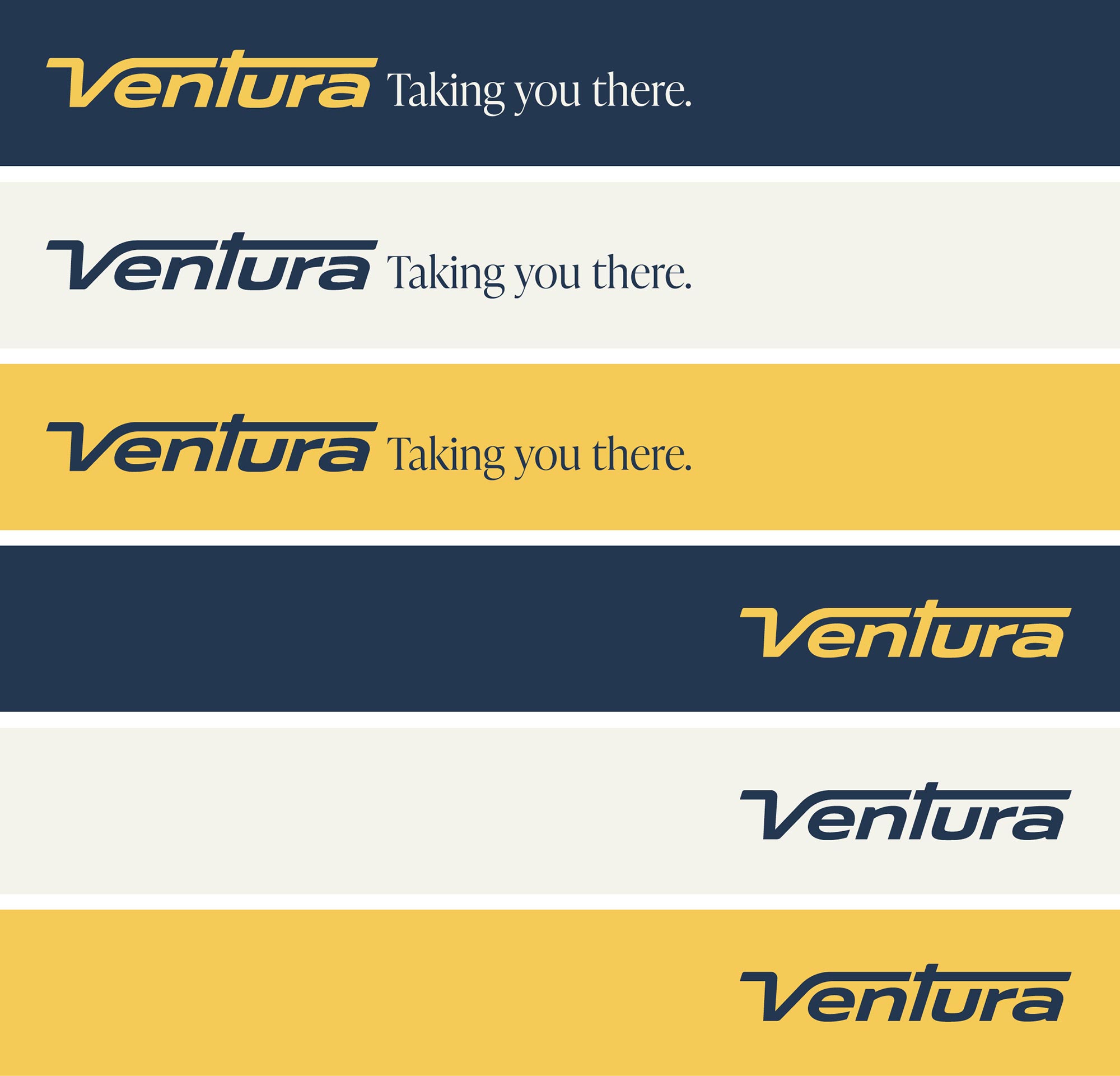 Ventura logo and Ventura logo with tagline on navy, frost and yellow backgrounds.