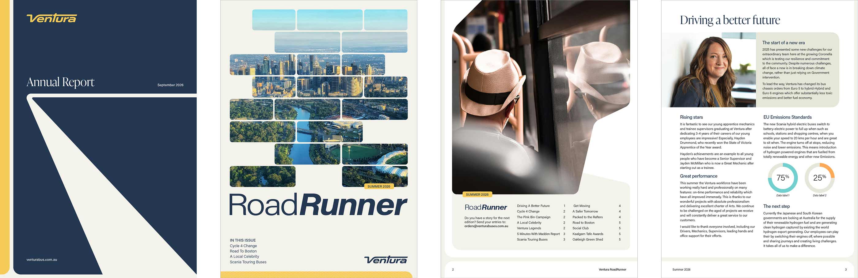 Ventura bus publication examples, including internal magazine "RoadRunner".