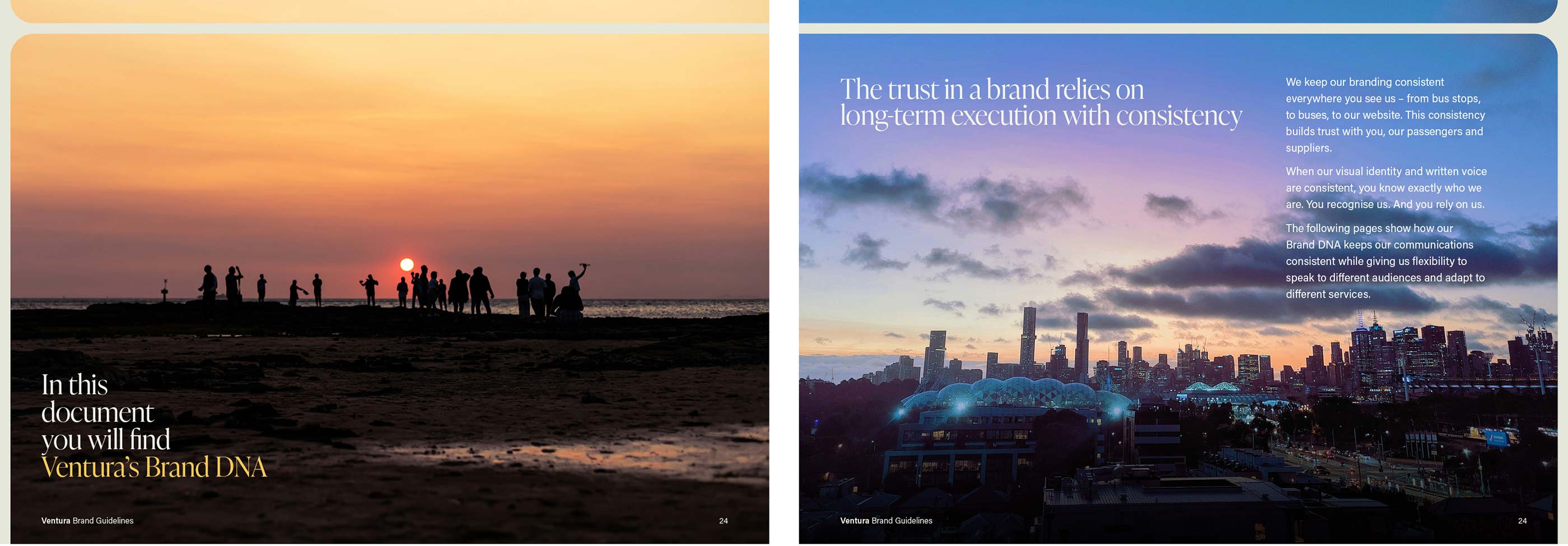 Roadway graphics are thin lines with round corners, that have 90 degree angled other lines coming off them, acting like roadways. This symbolises the journeys Ventura buses take.