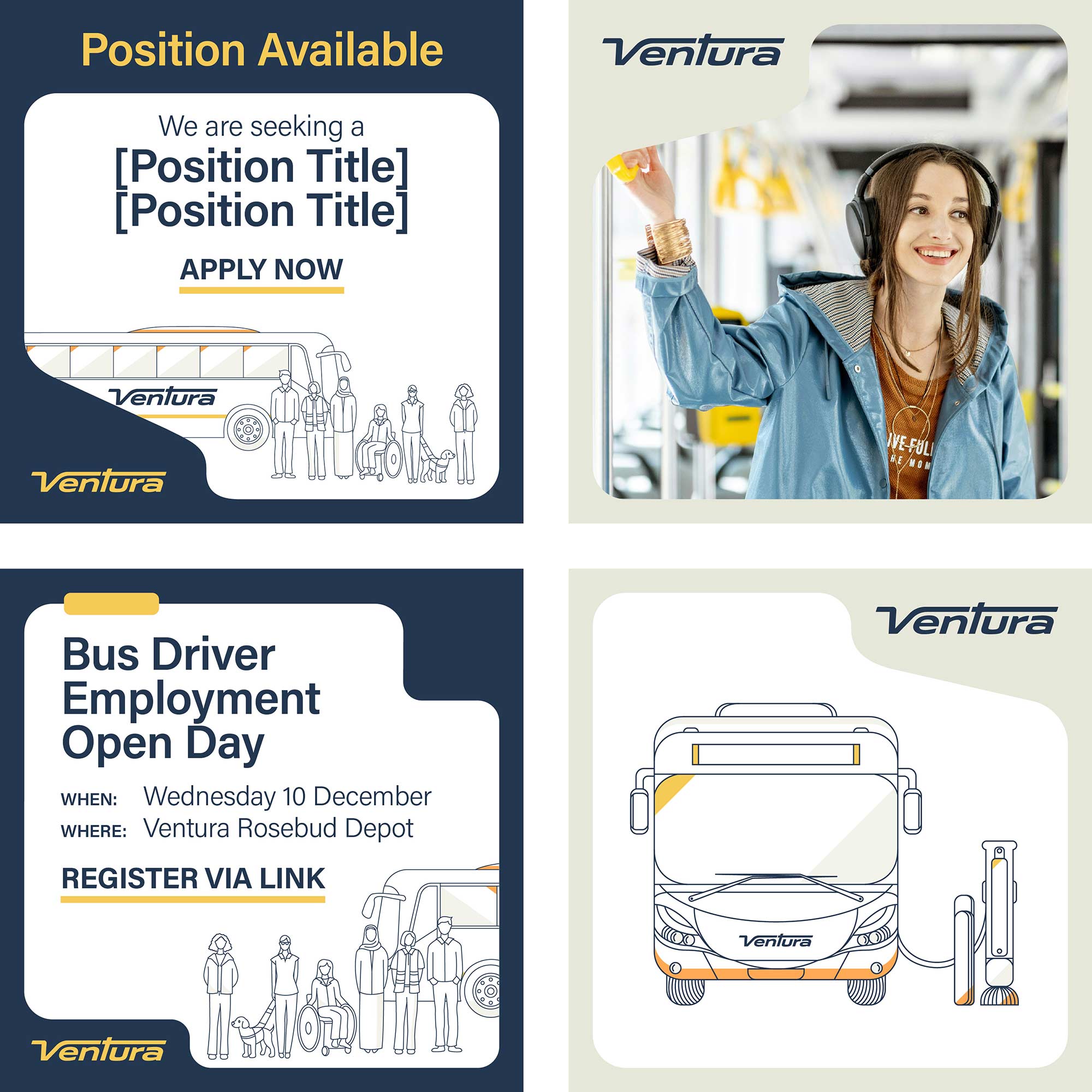 Four social media tiles for recruitment and general communications.