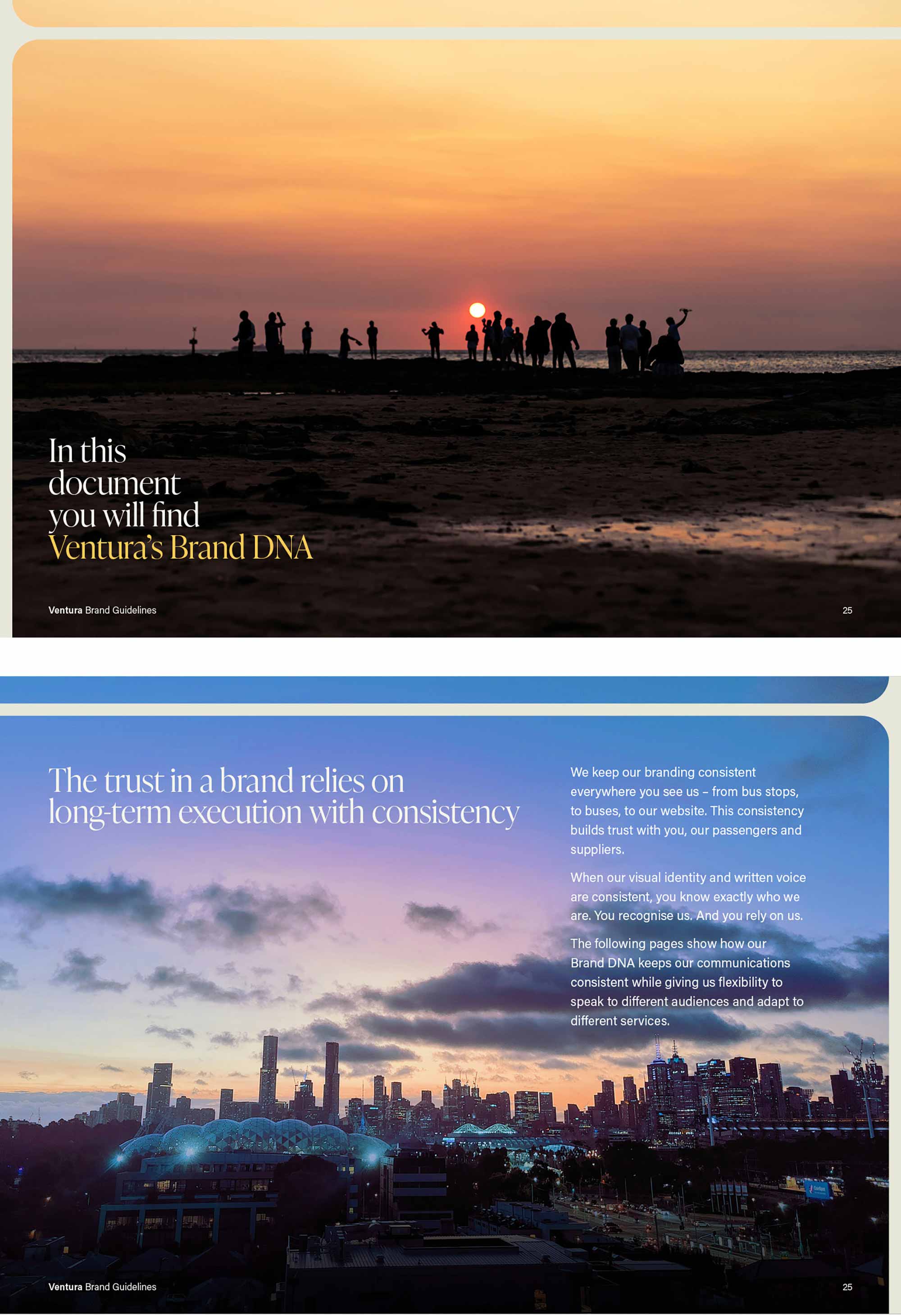 Roadway graphics are thin lines with round corners, that have 90 degree angled other lines coming off them, acting like roadways. This symbolises the journeys Ventura buses take.