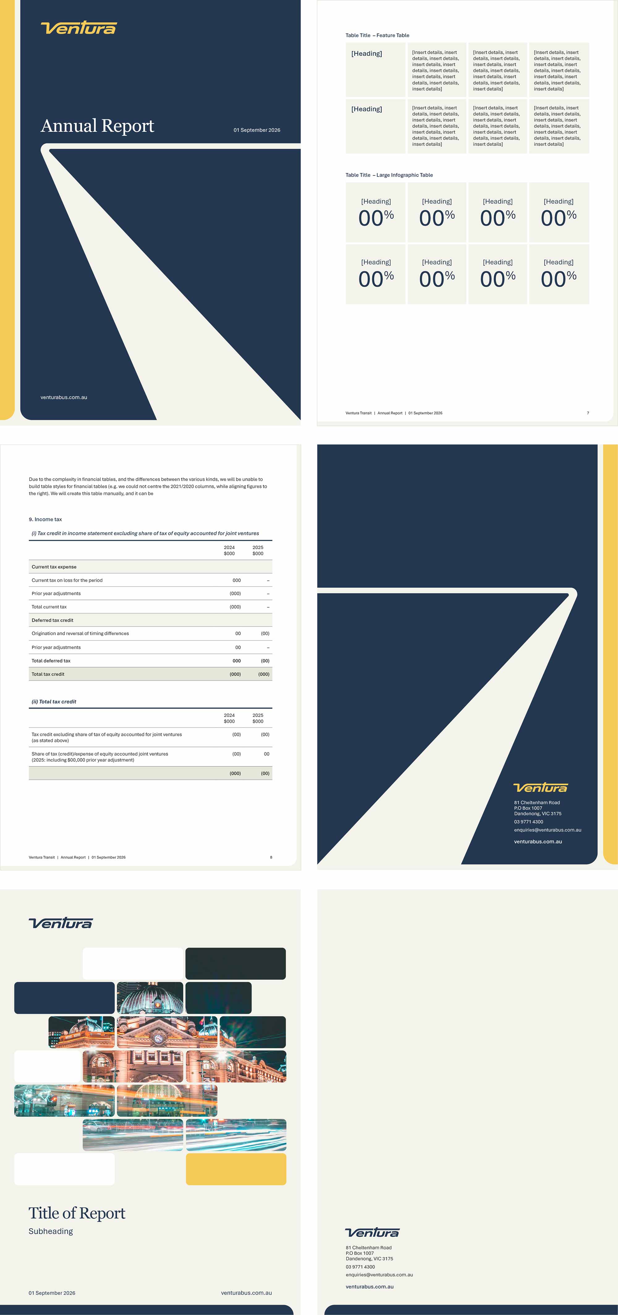 Microsoft Word templates created for Ventura Buses. Showing front page of annual report, insides of annual report and front and back cover of a long report.
