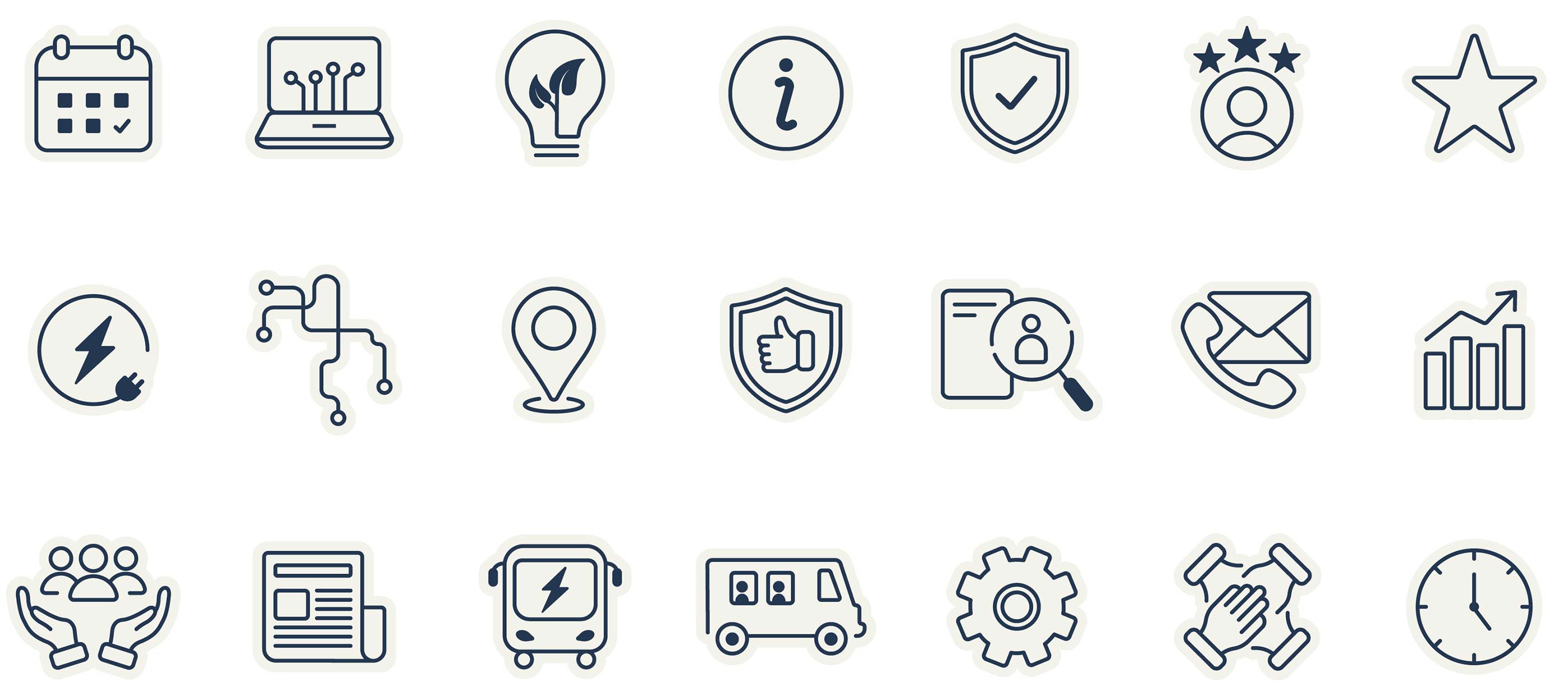 Ventura bus hand drawn icons with frost coloured under colour which protrudes beyond the icon.