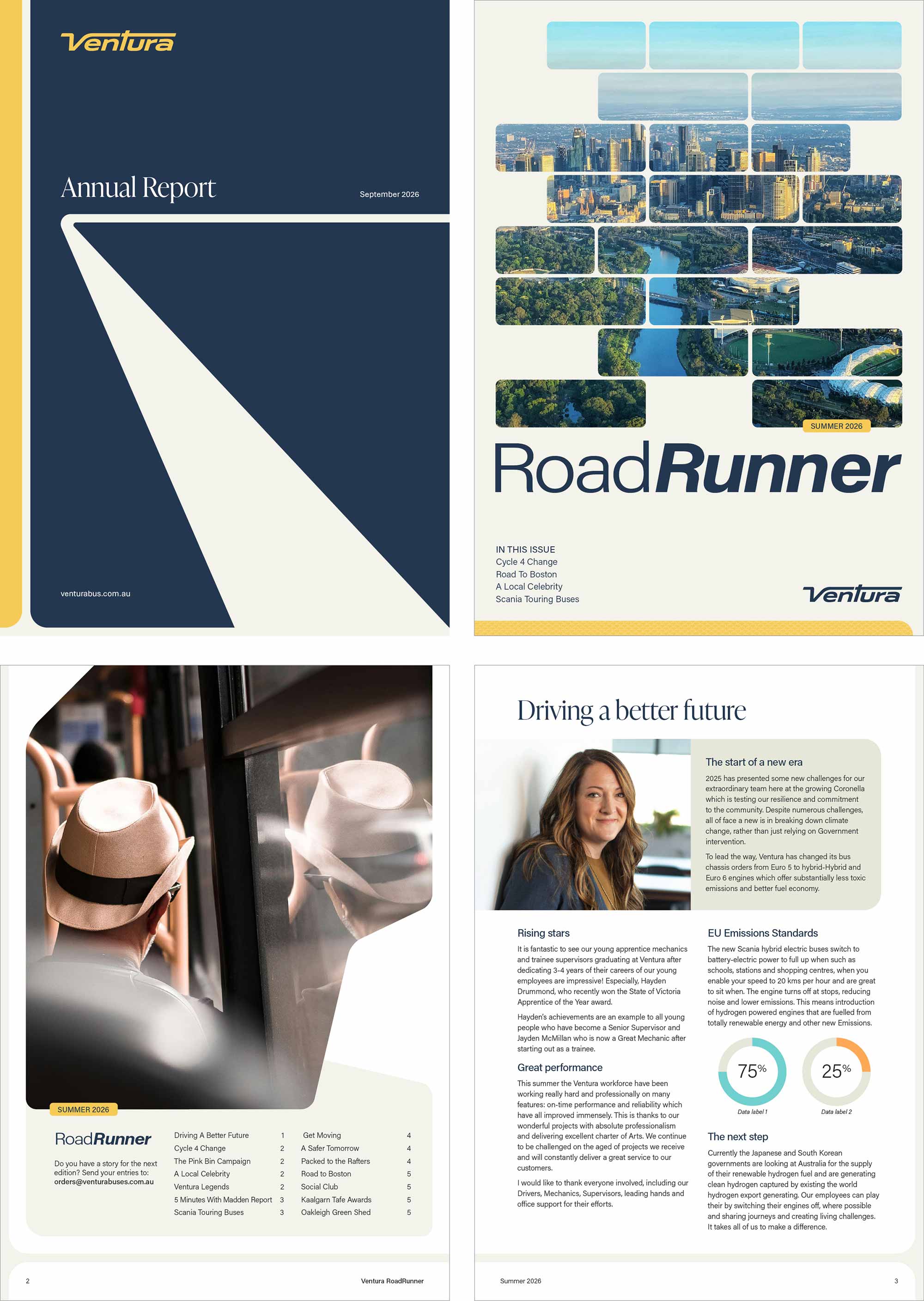 Ventura bus publication examples, including internal magazine "RoadRunner".