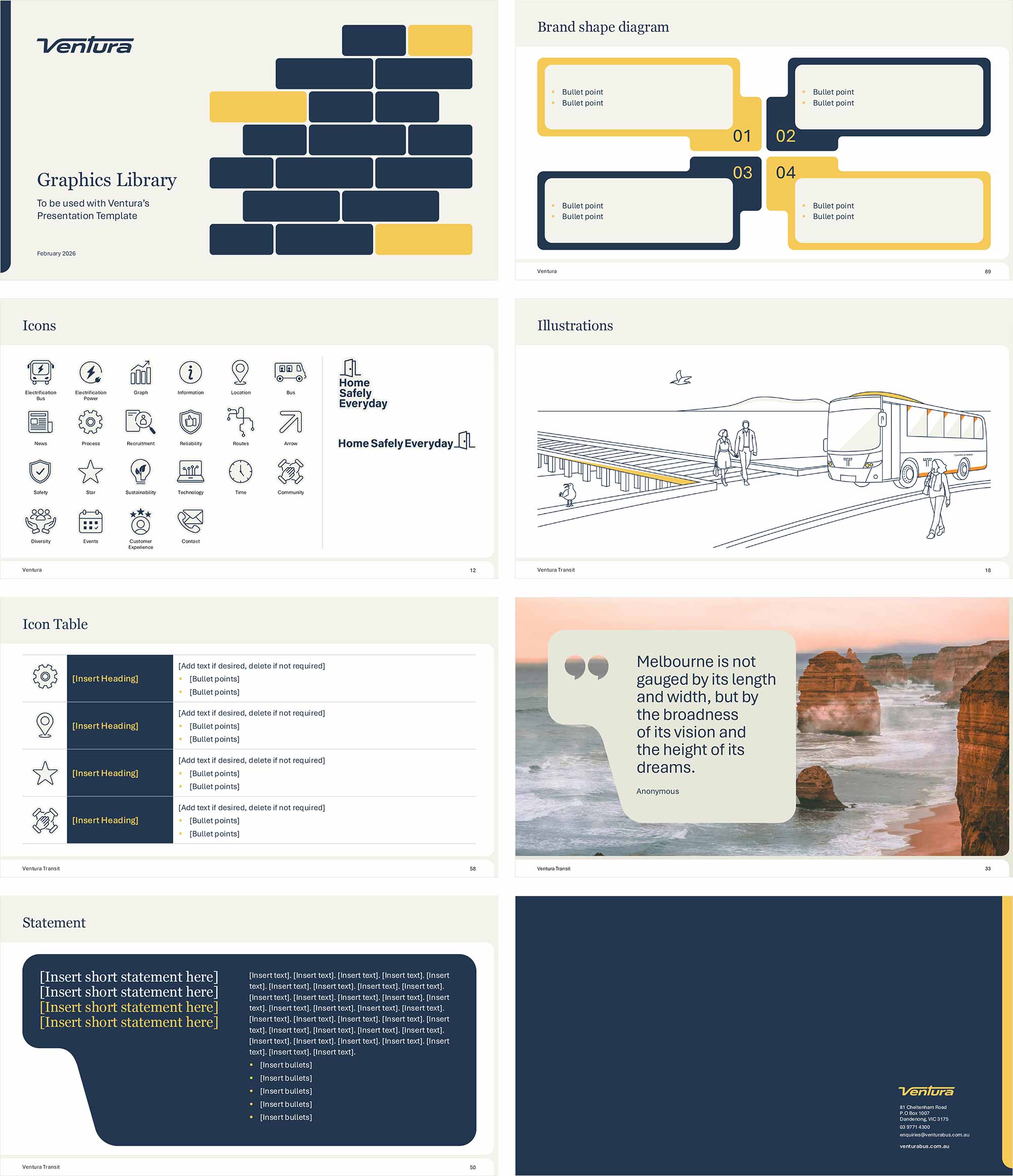 Ventura PowerPoint graphics library displaying front pages, graphics, illustration, icons, tables and imagery.