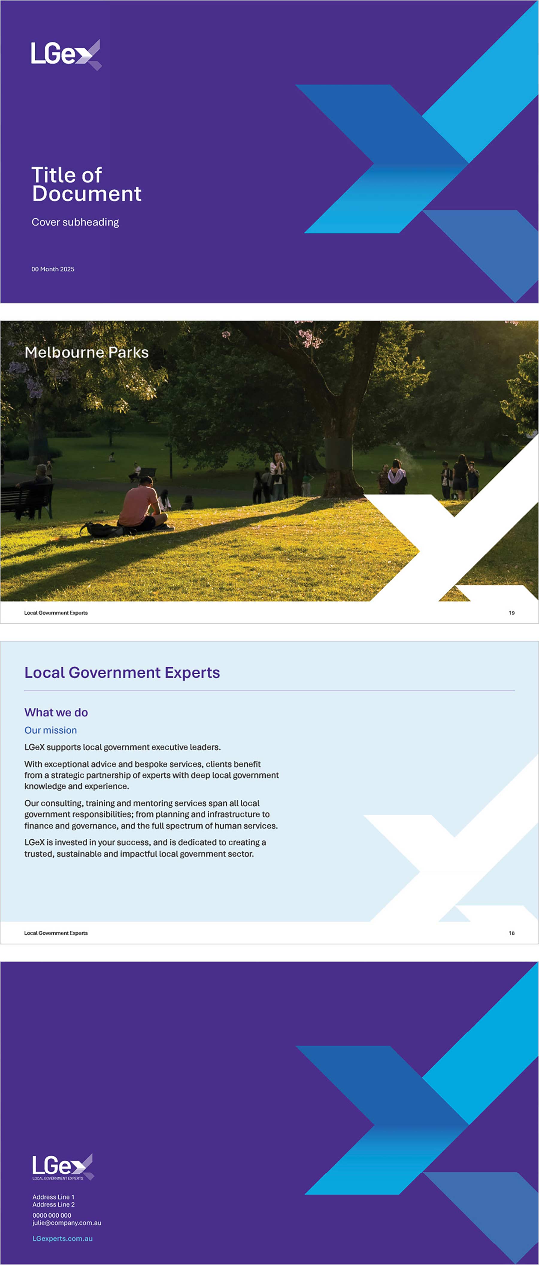 PowerPoint Widescreen showing front cover, back cover, and a text and image page branded in LGeX's colours, logos and typography.