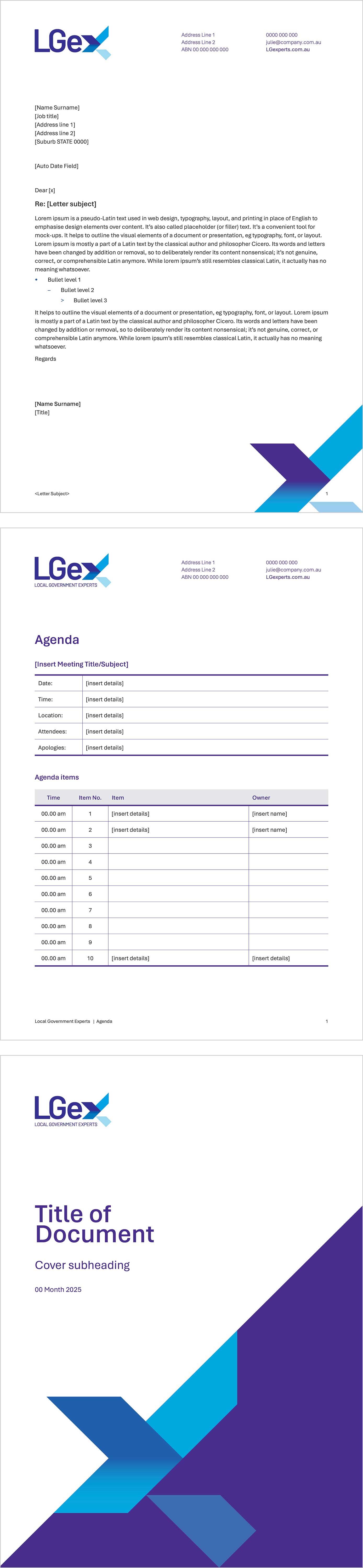 Word Long Report (left), Word Letterhead (top left) and Word Agenda (bottom right).