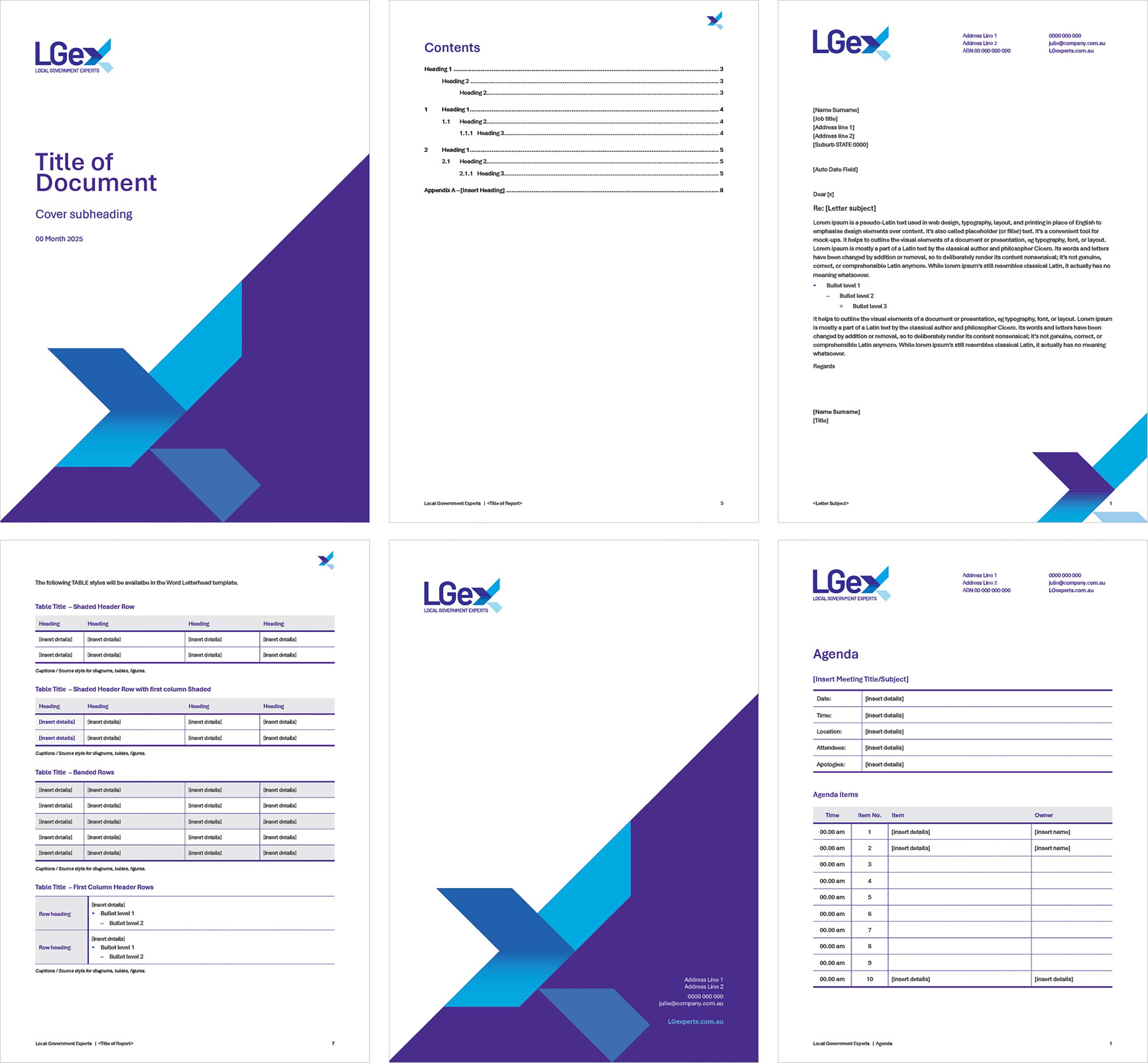 Word Long Report (left), Word Letterhead (top left) and Word Agenda (bottom right).